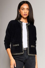 Lipsy Black Petite Crew Neck Button Through Eyelash Faux Fur Cardigan - Image 1 of 4