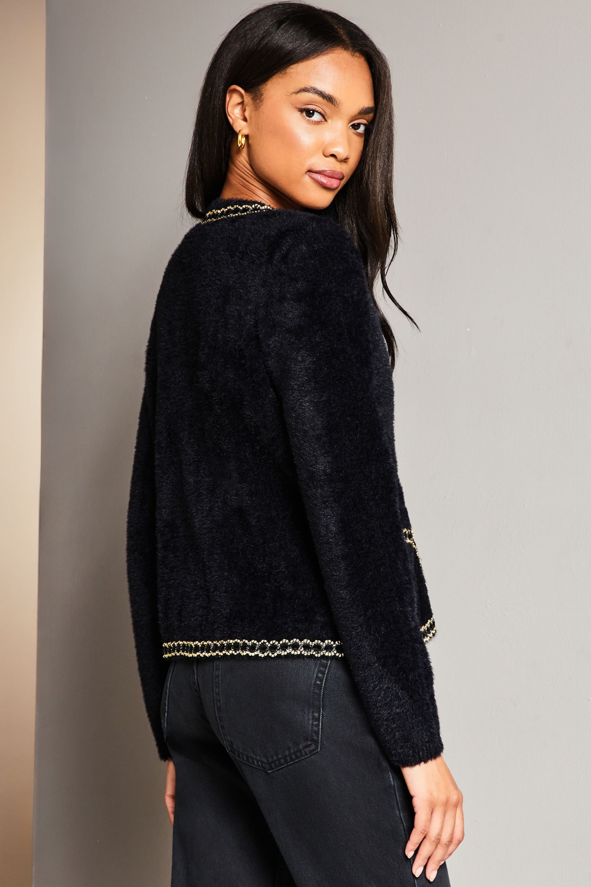 Lipsy Black Petite Crew Neck Button Through Eyelash Faux Fur Cardigan - Image 2 of 4