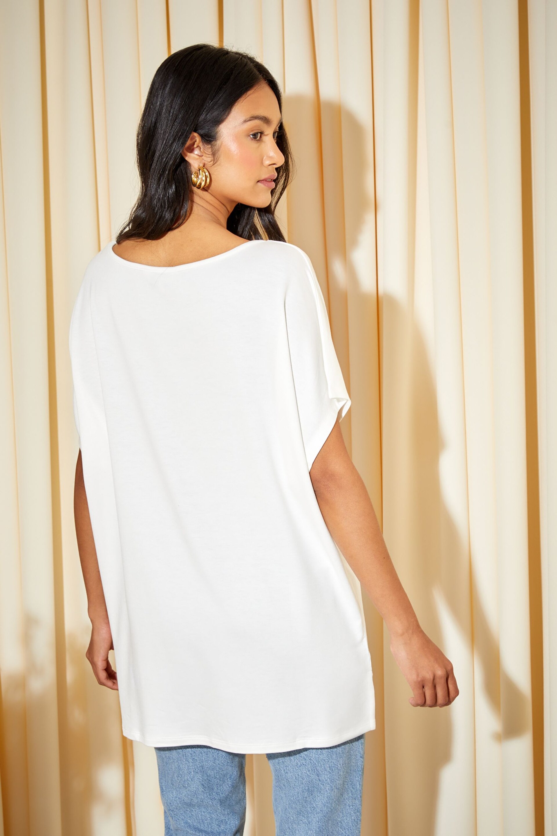 Friends Like These Ivory White Soft Jersey Short Sleeve Slash Neck Tunic - Image 4 of 4