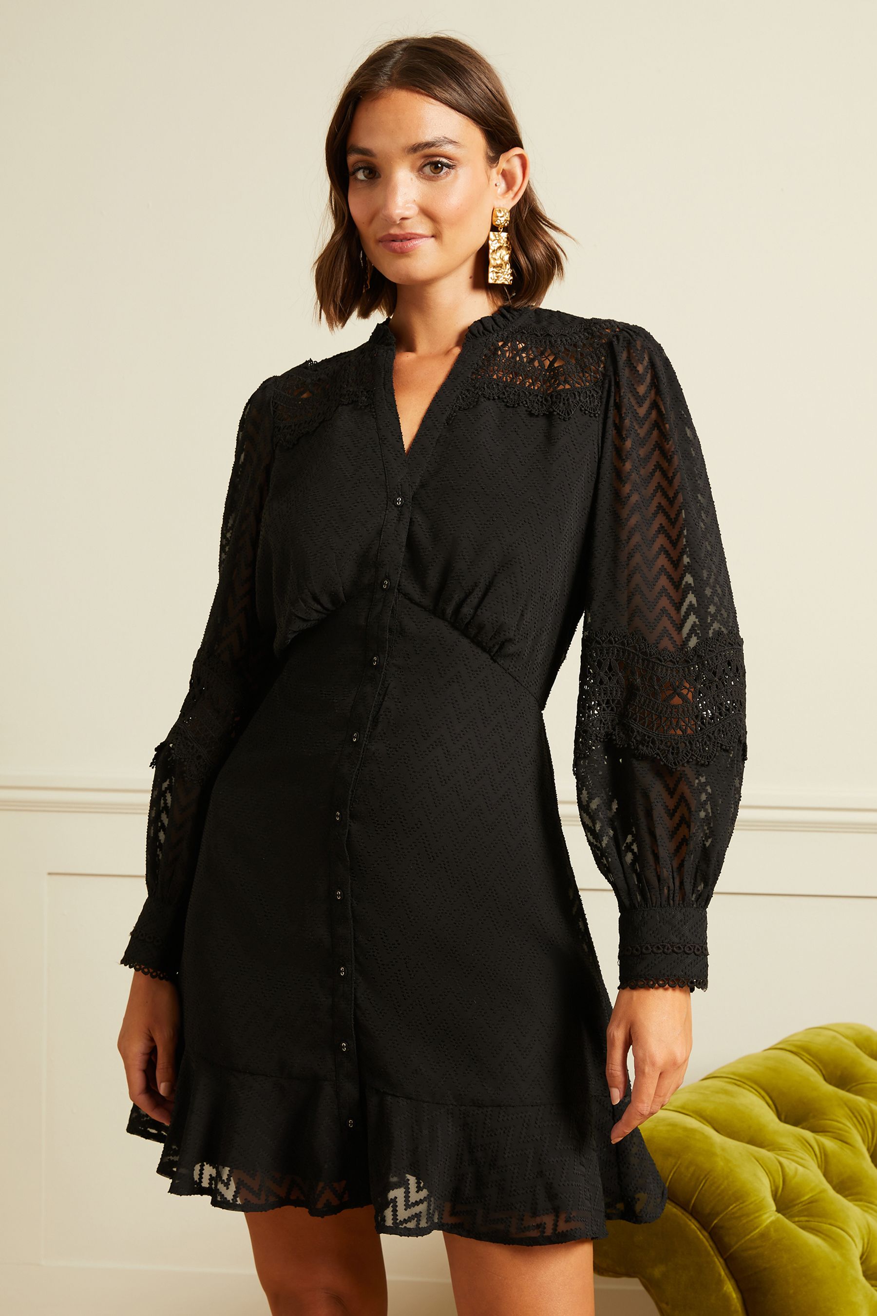 Buy Love Roses Black Lace Trim Button Through Skater Dress from Next Luxembourg