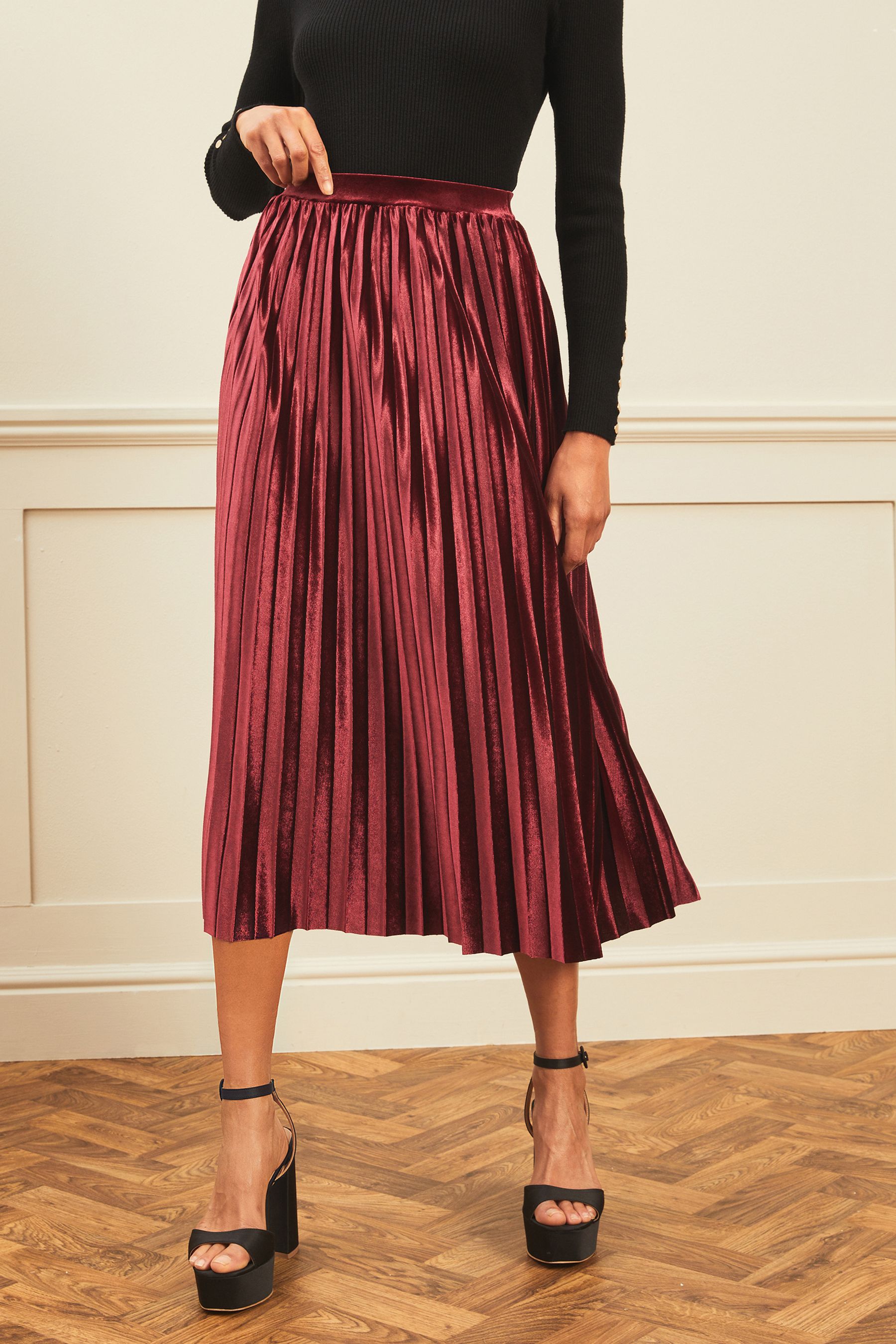 Velvet pleated midi skirt uk on sale