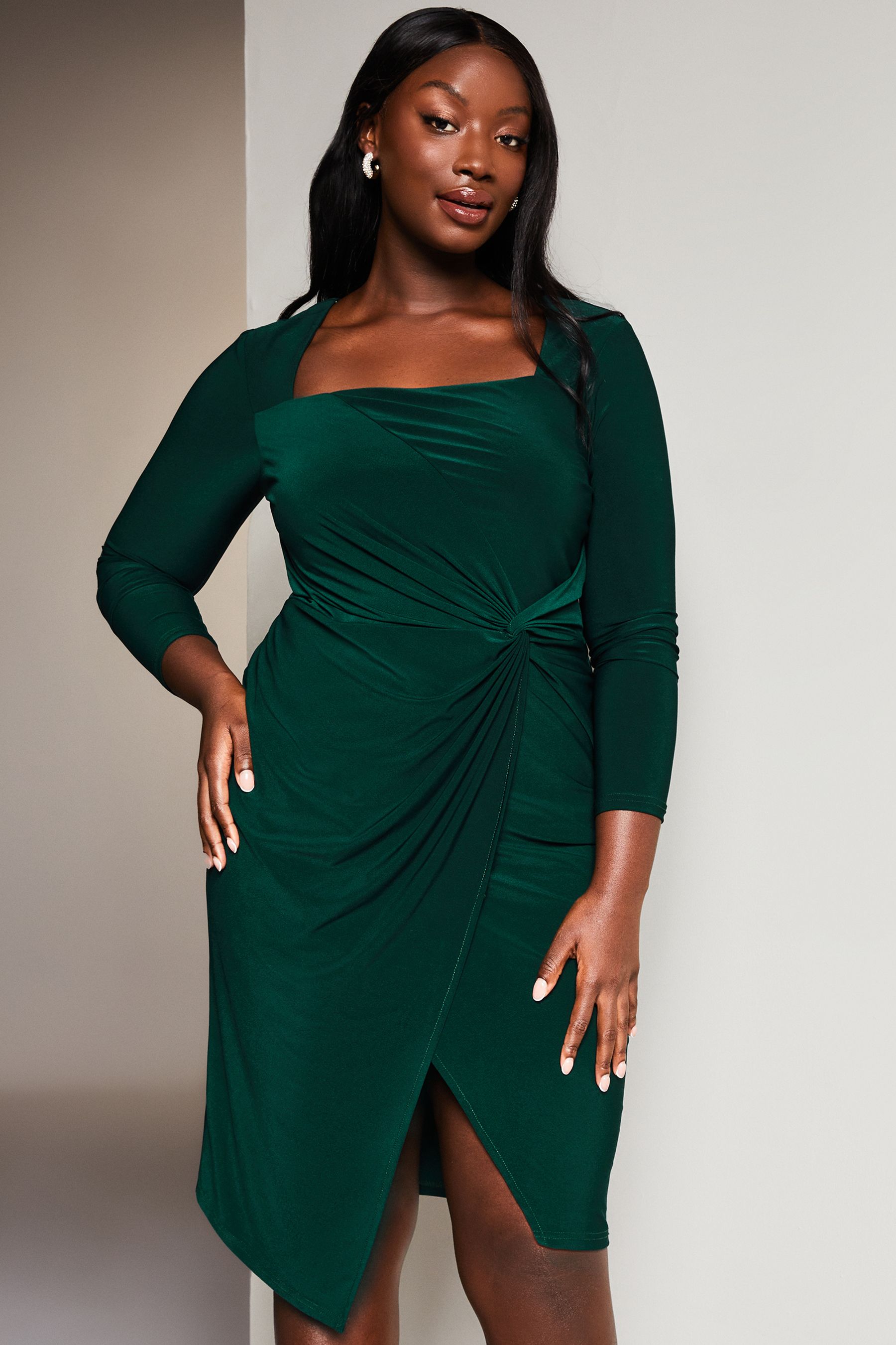 Buy Lipsy Green Curve Long Sleeve Ruched Knot Jersey Midi Dress With Split from Next Qatar