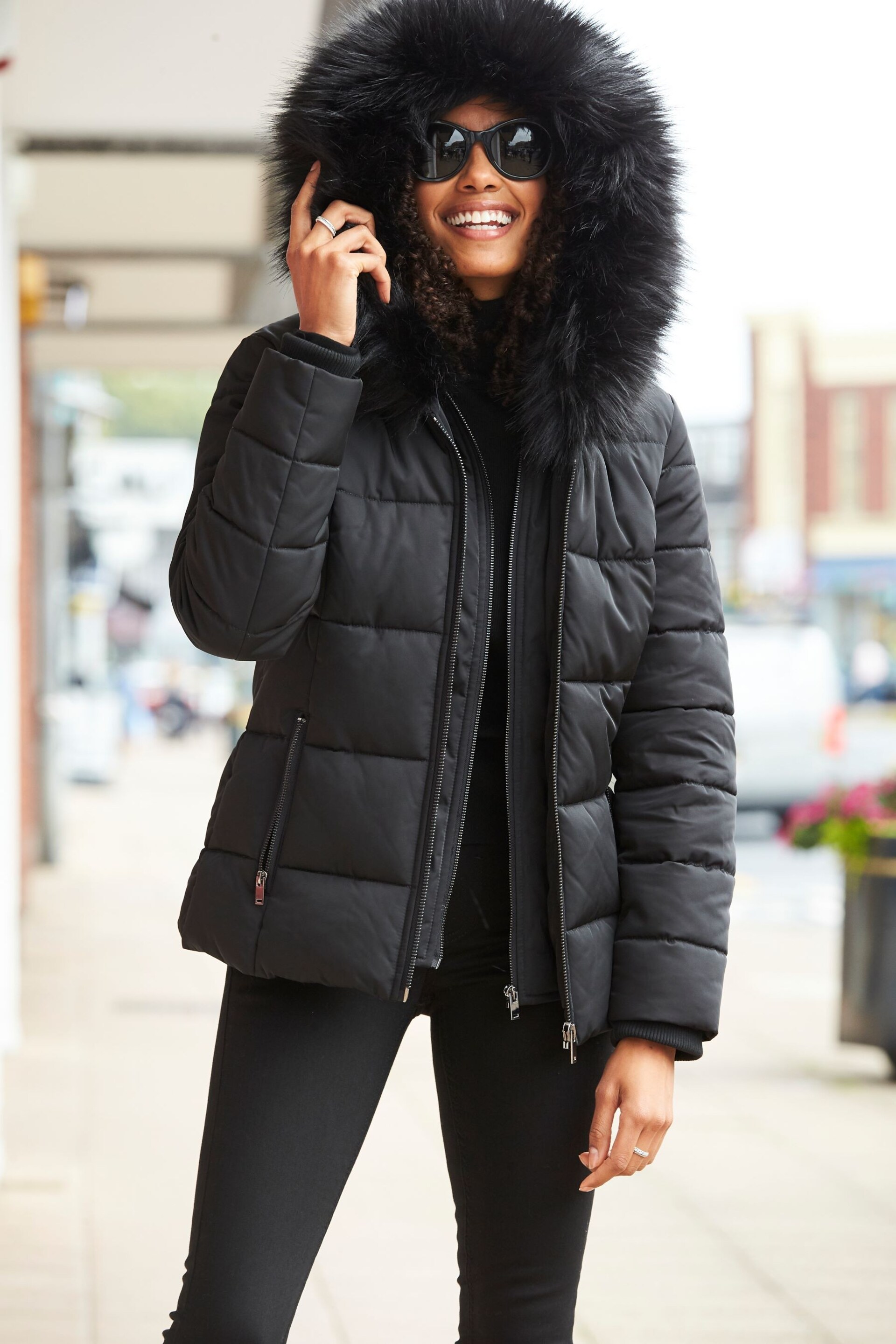 Sosandar Black Black Faux Fur Trim Luxe Padded Coat - Image 5 of 6