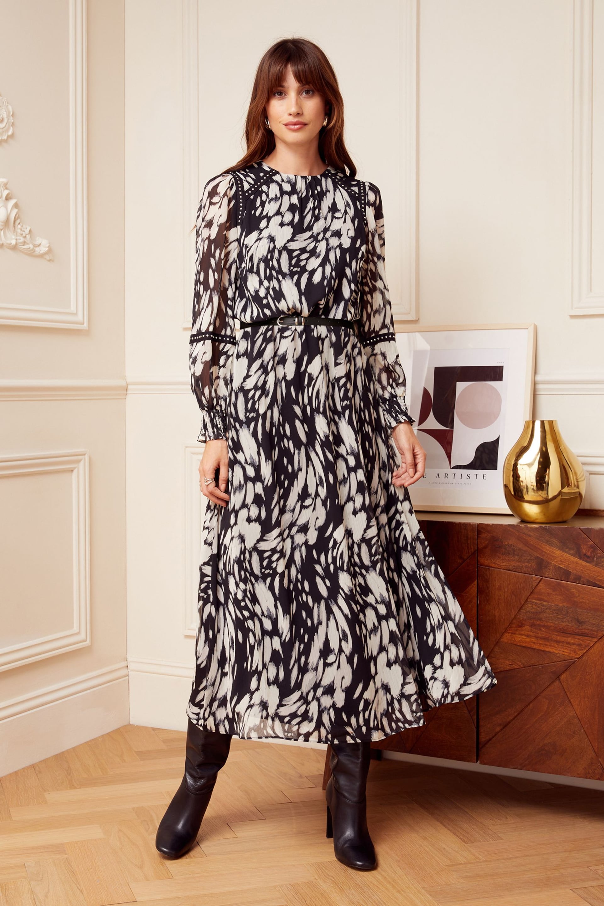 Love & Roses Black & White Texture Printed Belted Long Sleeve Midi Dress - Image 1 of 4