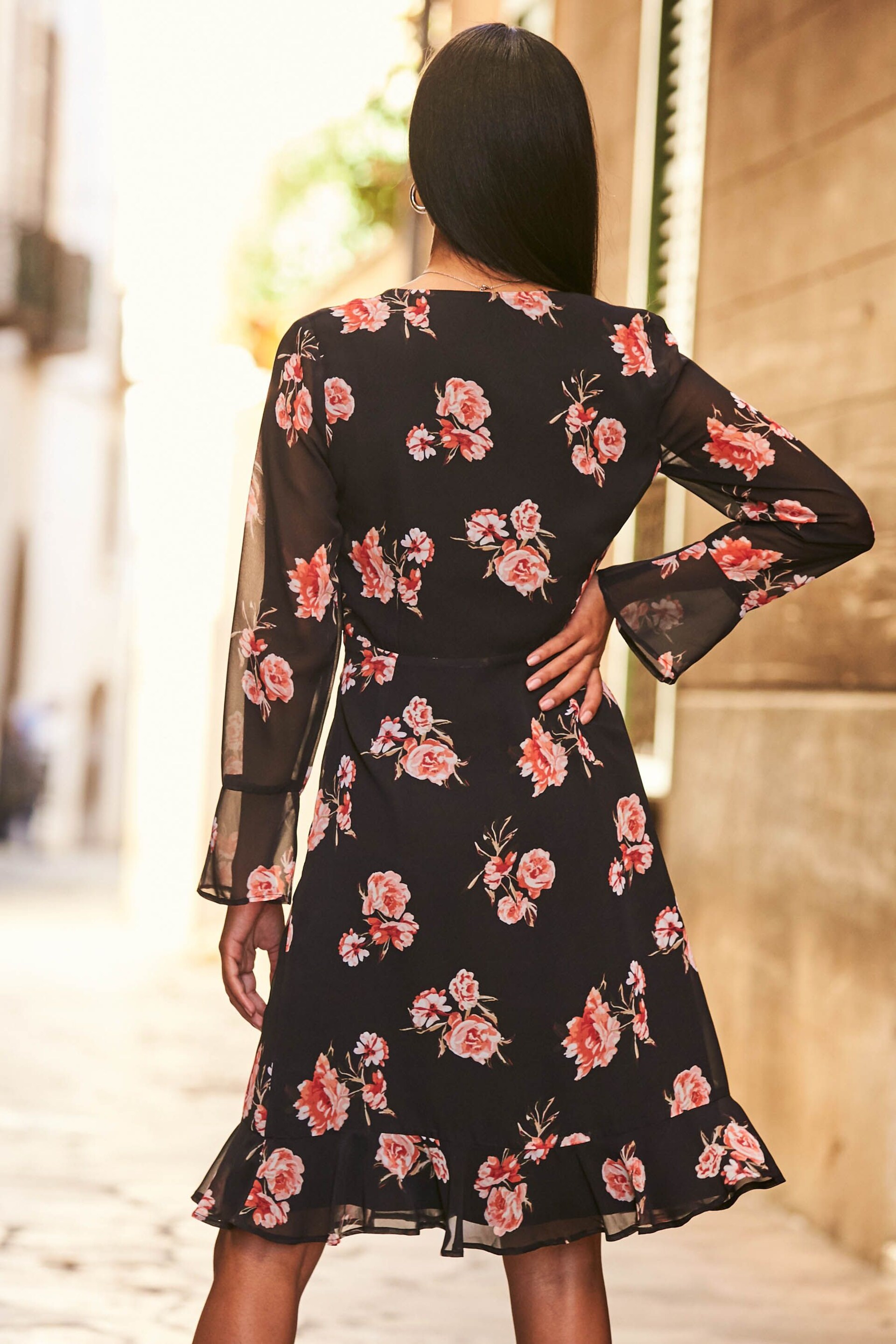 Sosandar Black Floral Print Wrap Front Dress - Image 4 of 5