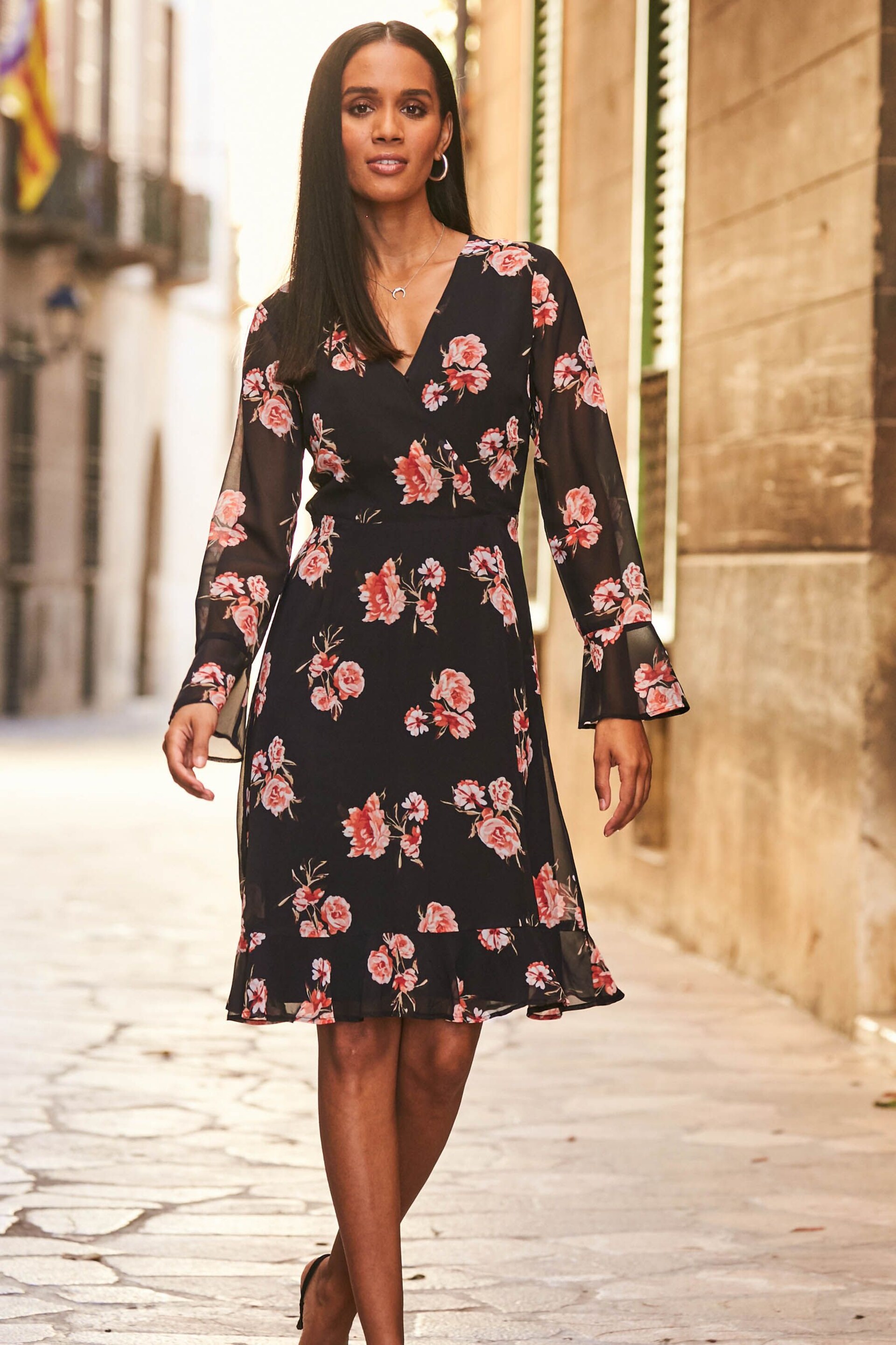 Sosandar Black Floral Print Wrap Front Dress - Image 5 of 5