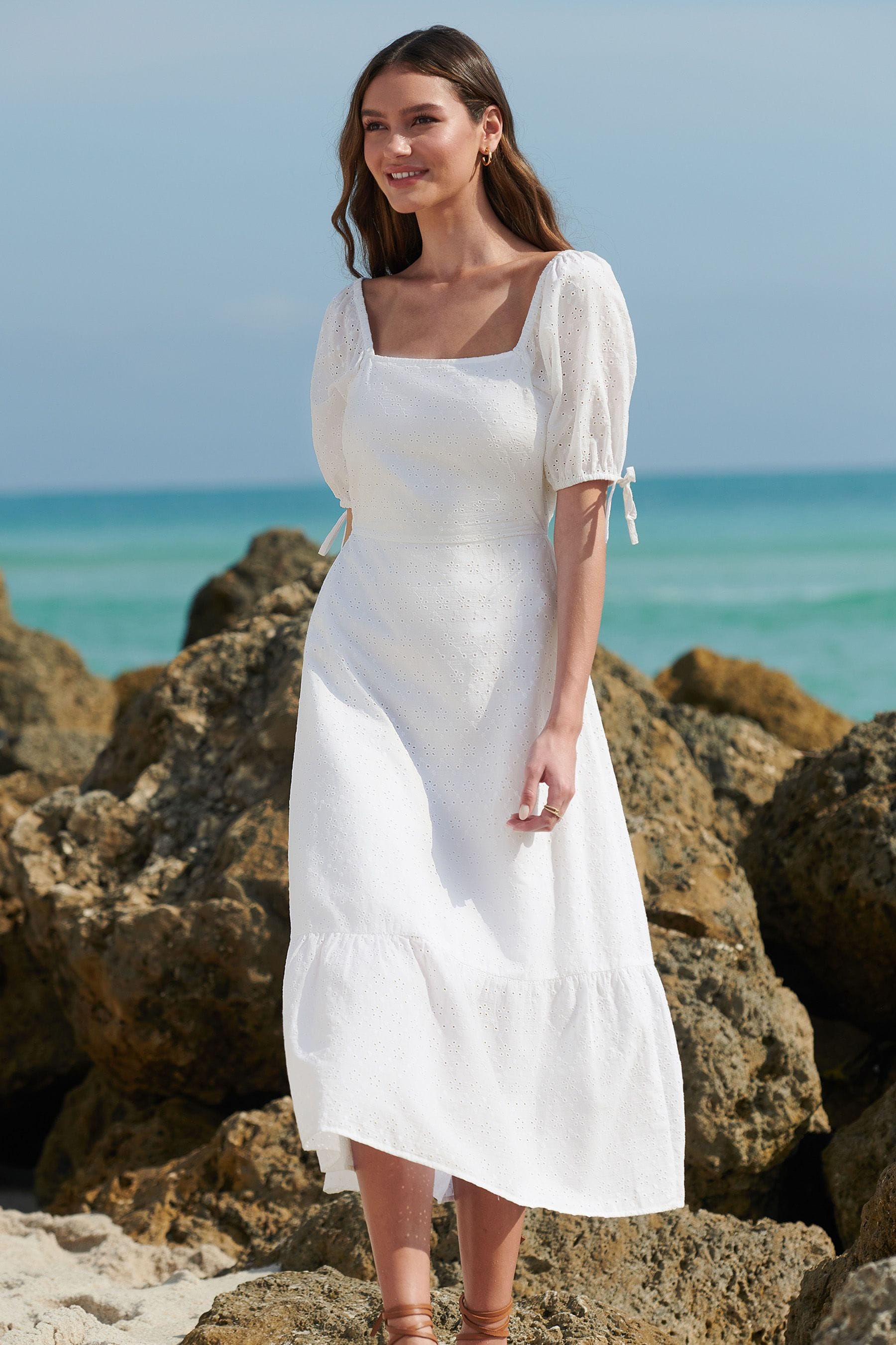 Buy Friends Like These White Short Sleeve Broderie Midi Dress from Next Luxembourg