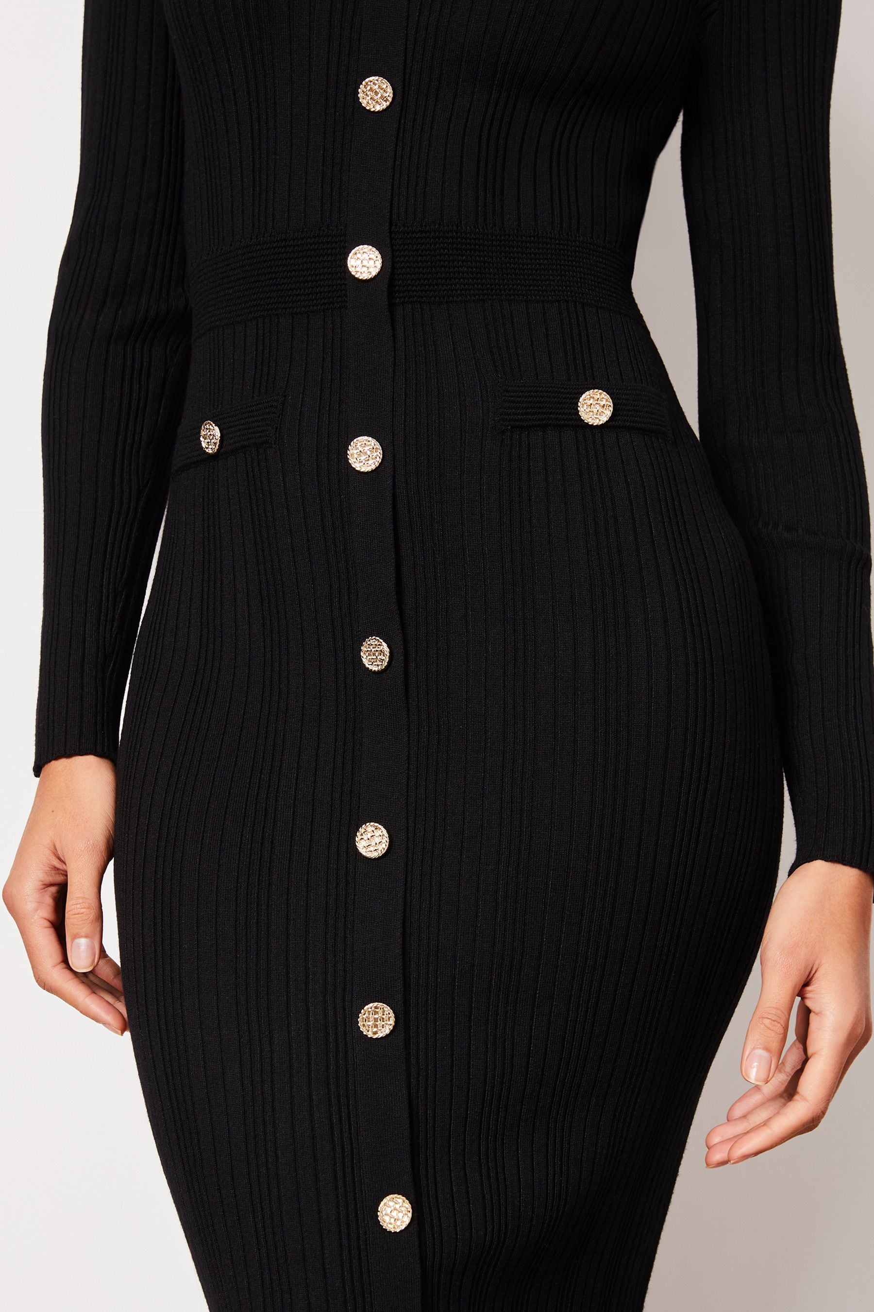 Buy Lipsy Black Button V Neck Long Sleeve Bodycon Midi Dress from Next Luxembourg