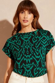 Love & Roses Green Aztec Roll Sleeve Round Neck T Shirt - Image 1 of 4