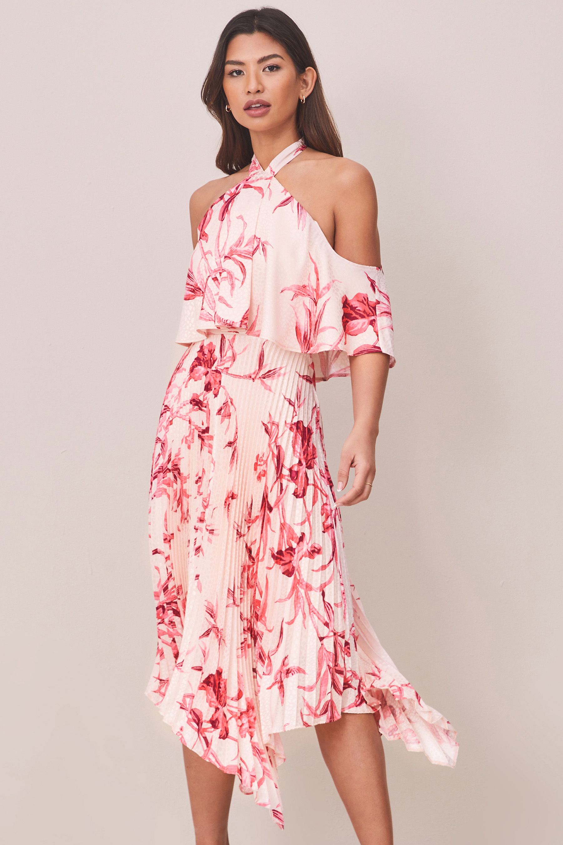 Buy Lipsy Pink Pleated Printed Cold Shoulder Hanky Hem Midi Dress from Next Luxembourg