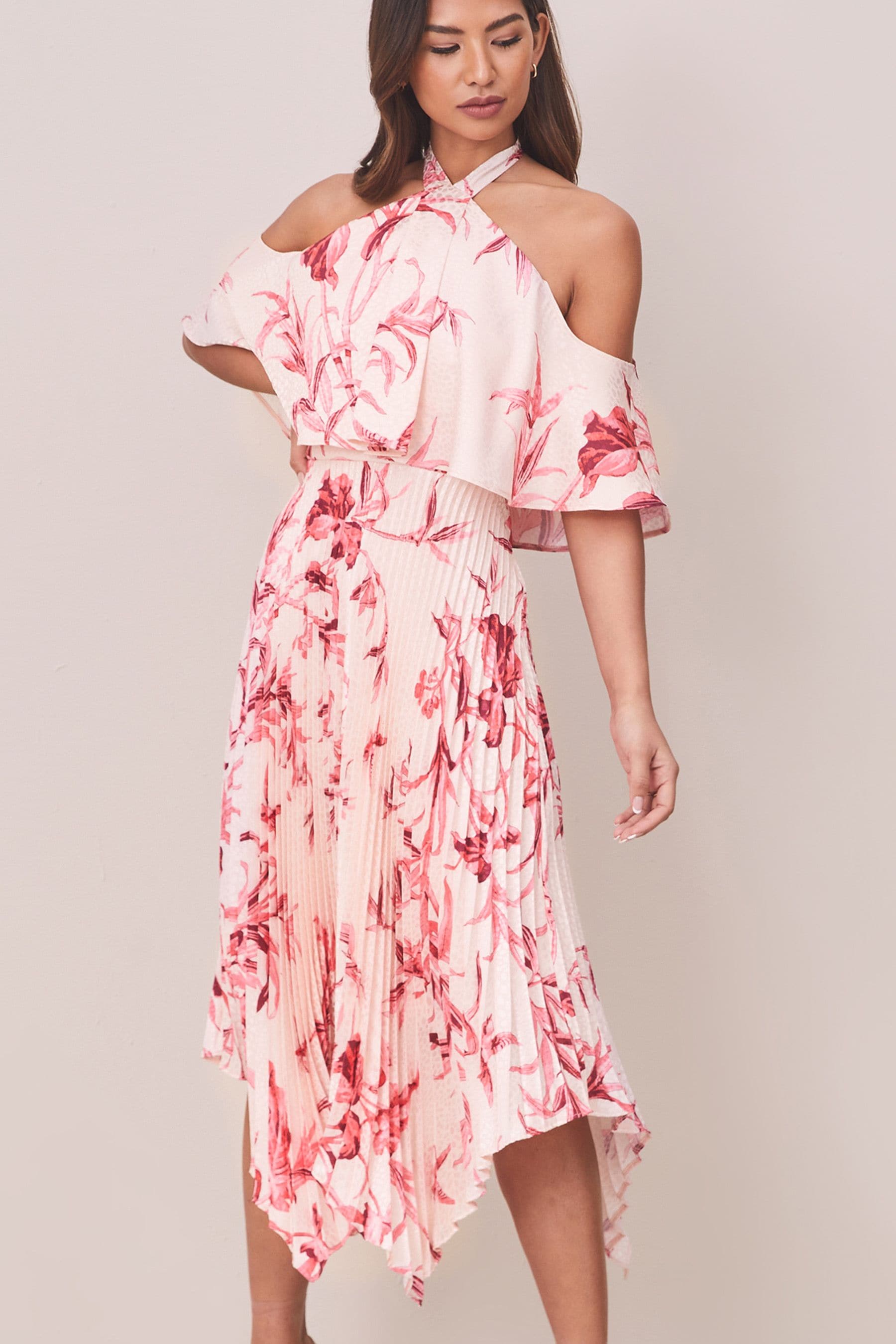 Buy Lipsy Pink Pleated Printed Cold Shoulder Hanky Hem Midi Dress from Next Luxembourg