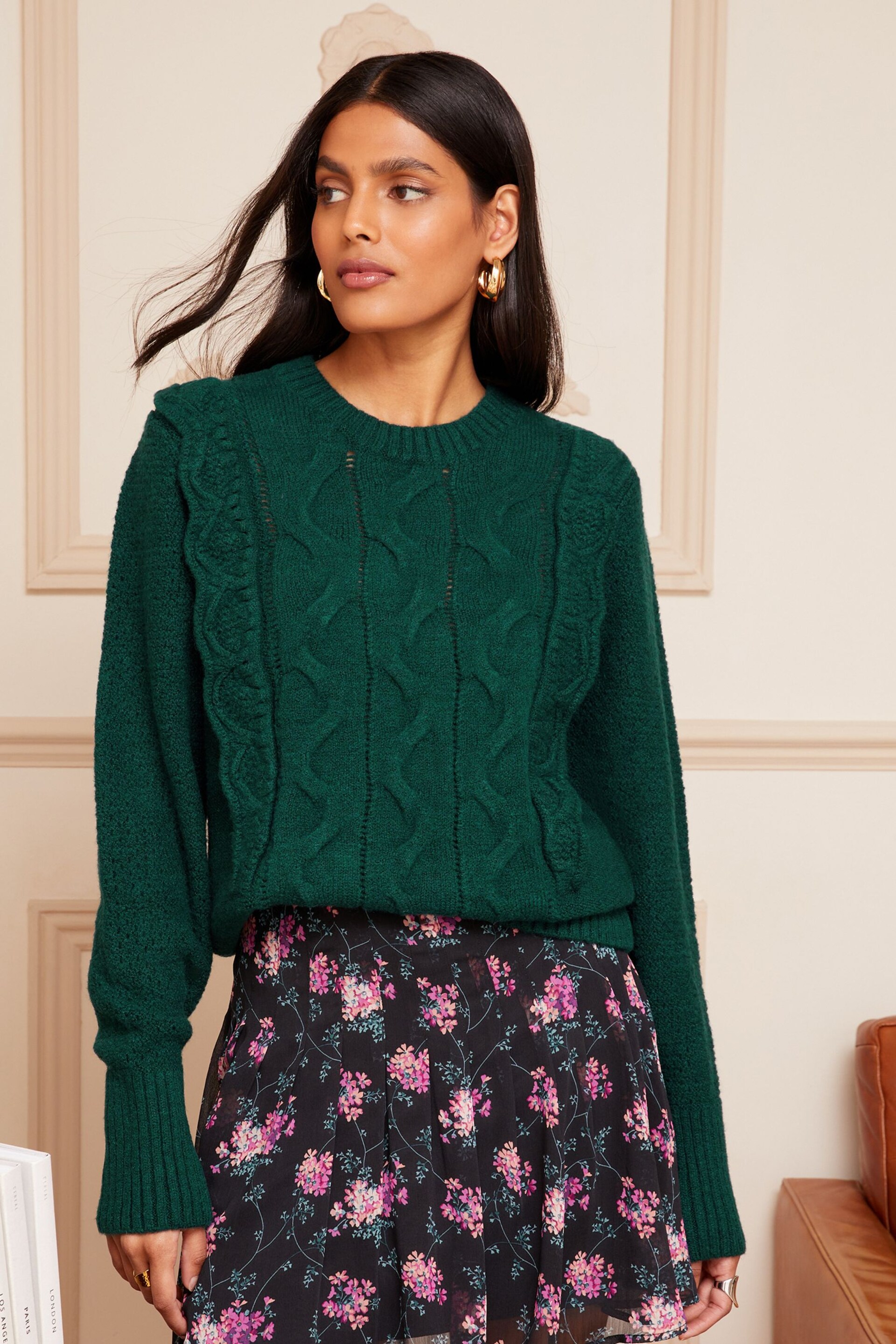 Love & Roses Green Cable Knit Scallop Ruffle Jumper - Image 2 of 4