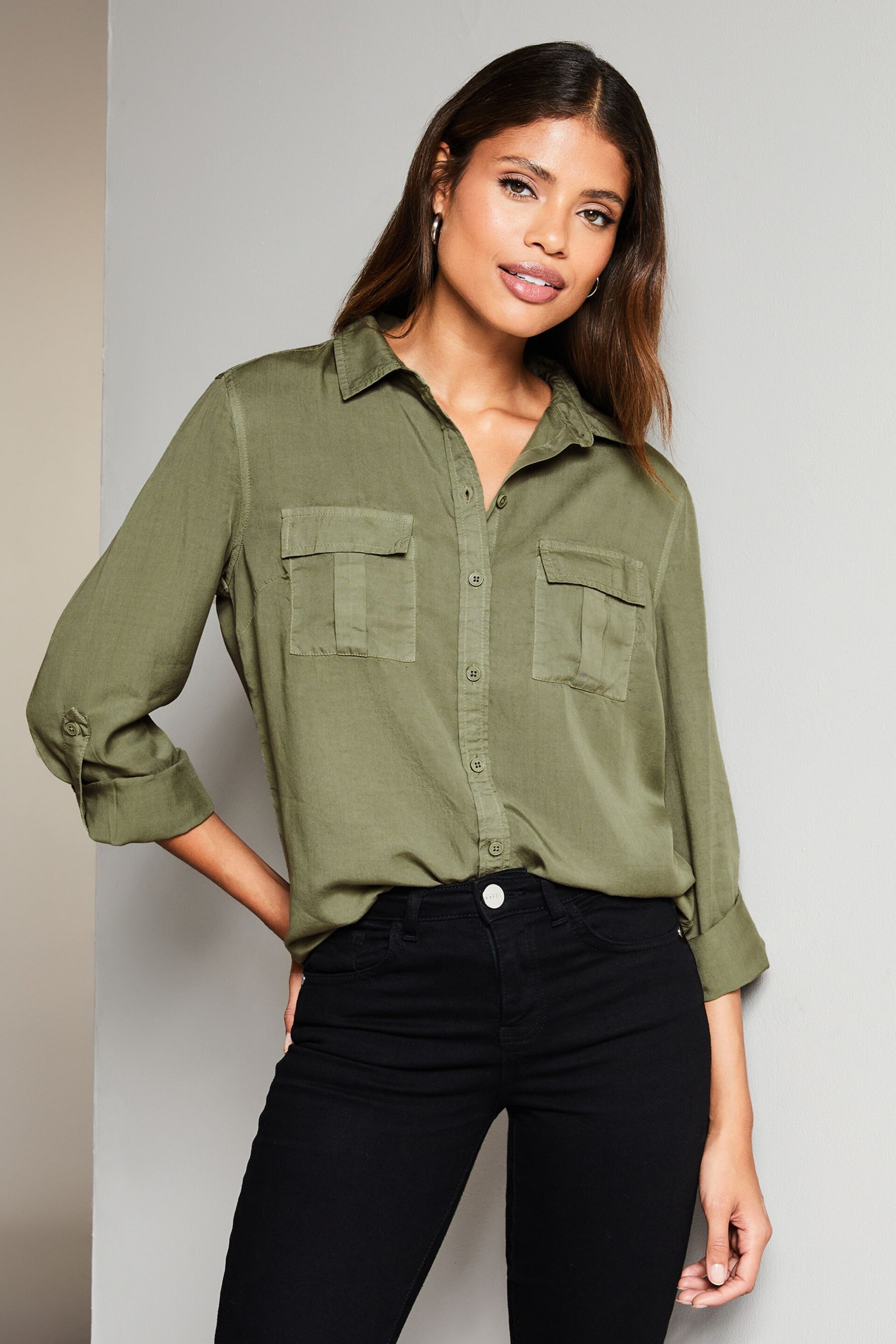 Lipsy Khaki Green TENCEL™ Pocket Shirt - Image 1 of 4