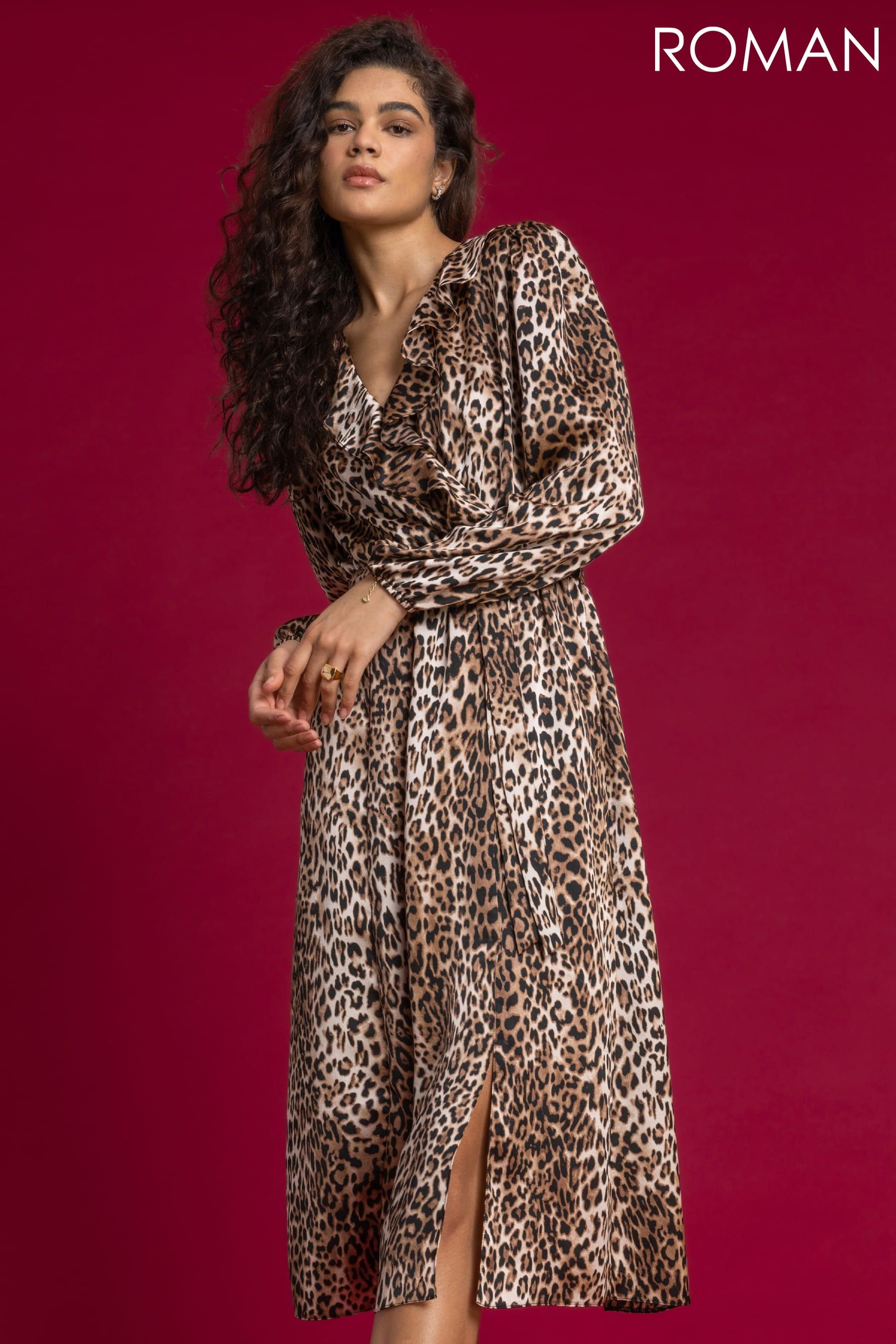 Leopard print frill wrap dress best sale