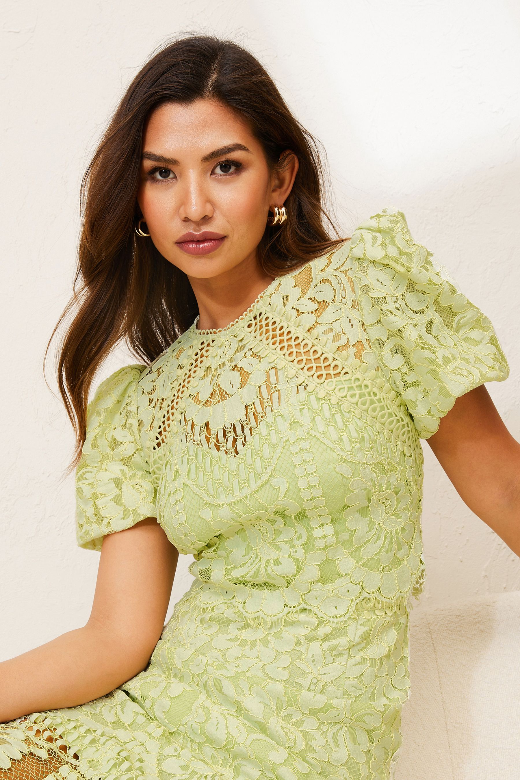 Green lace dress short top