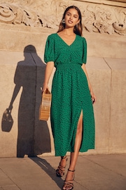 Friends Like These Green Puff Sleeve Ruched Waist V Neck Midi Summer Dress - Image 1 of 4
