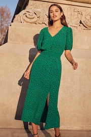 Friends Like These Green Puff Sleeve Ruched Waist V Neck Midi Summer Dress - Image 2 of 4