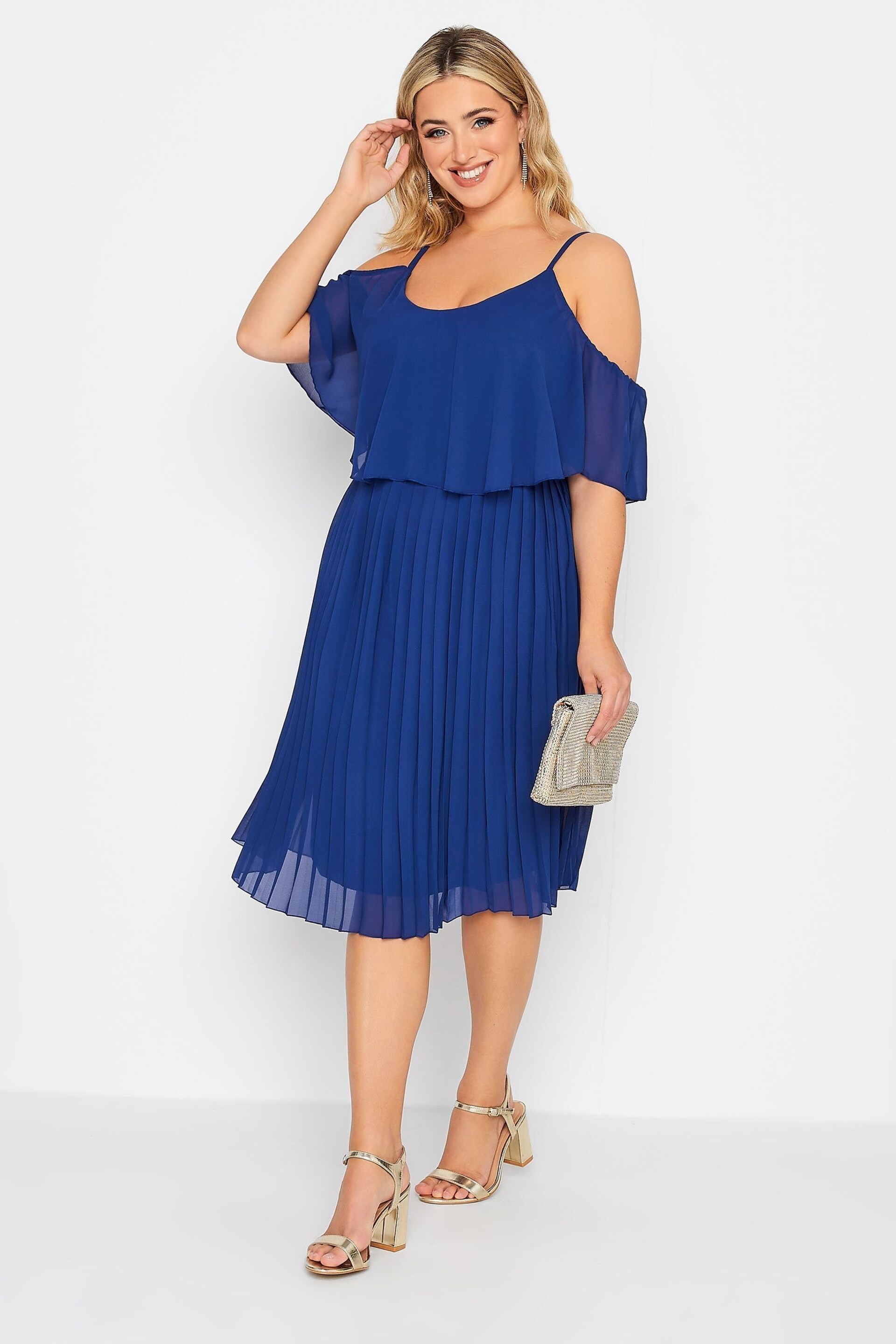 Yours Curve Blue London Pleat Overlay Dress - Image 1 of 5