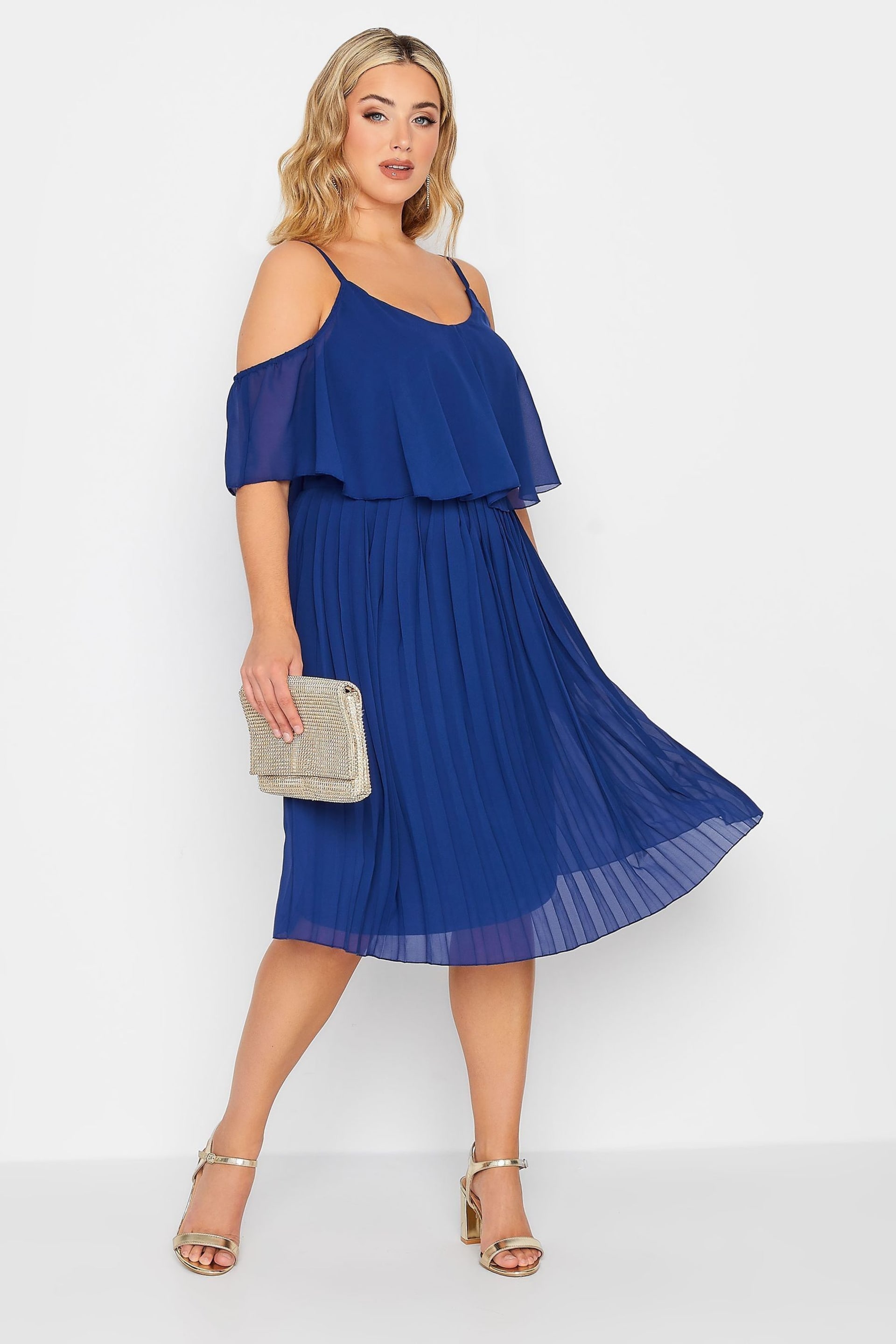 Yours Curve Blue London Pleat Overlay Dress - Image 2 of 5