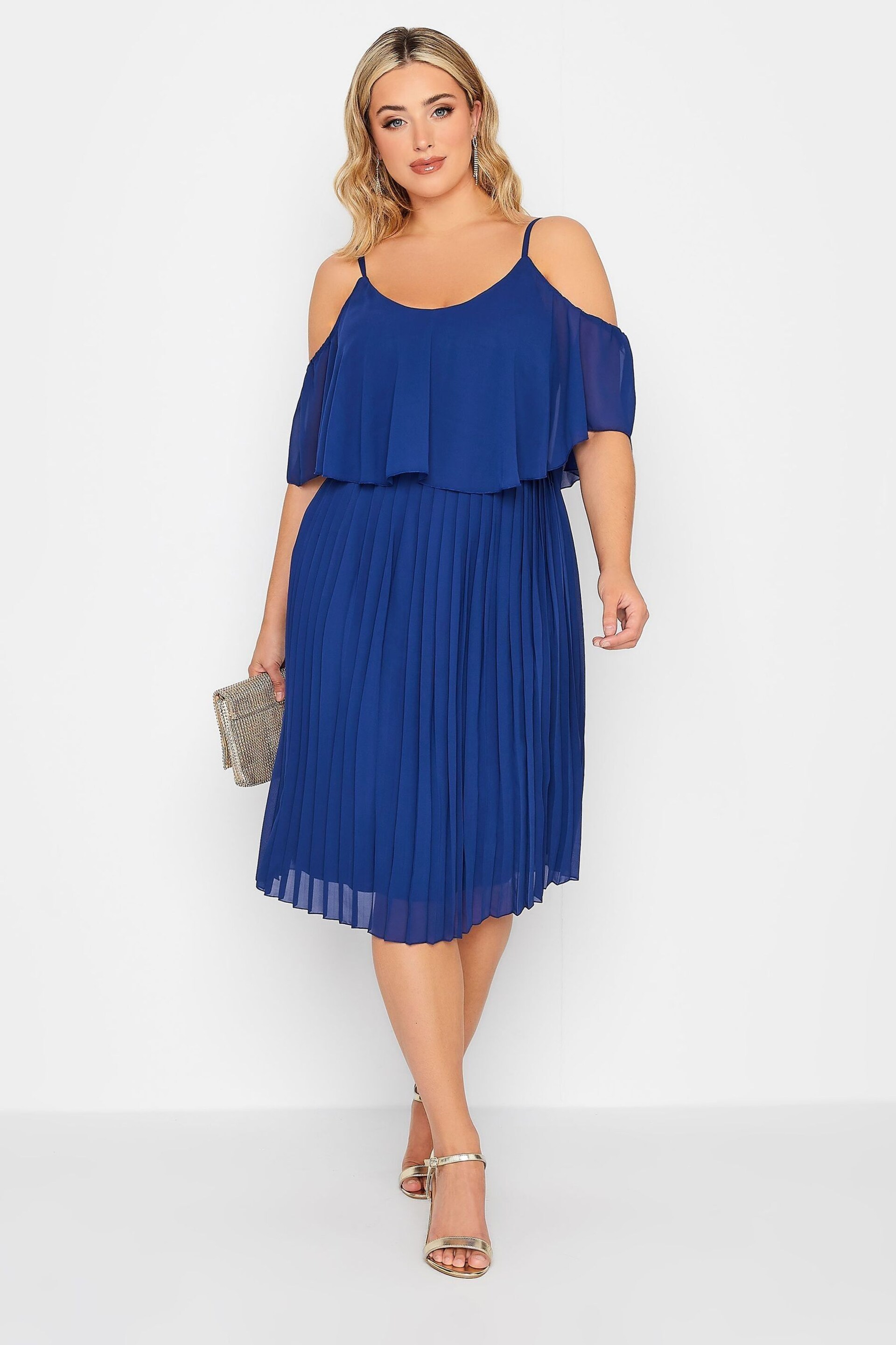 Yours Curve Blue London Pleat Overlay Dress - Image 3 of 5
