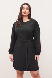 Lipsy Black Curve Long Sleeve Round Neck Tie Waist Shift Dress - Image 1 of 4