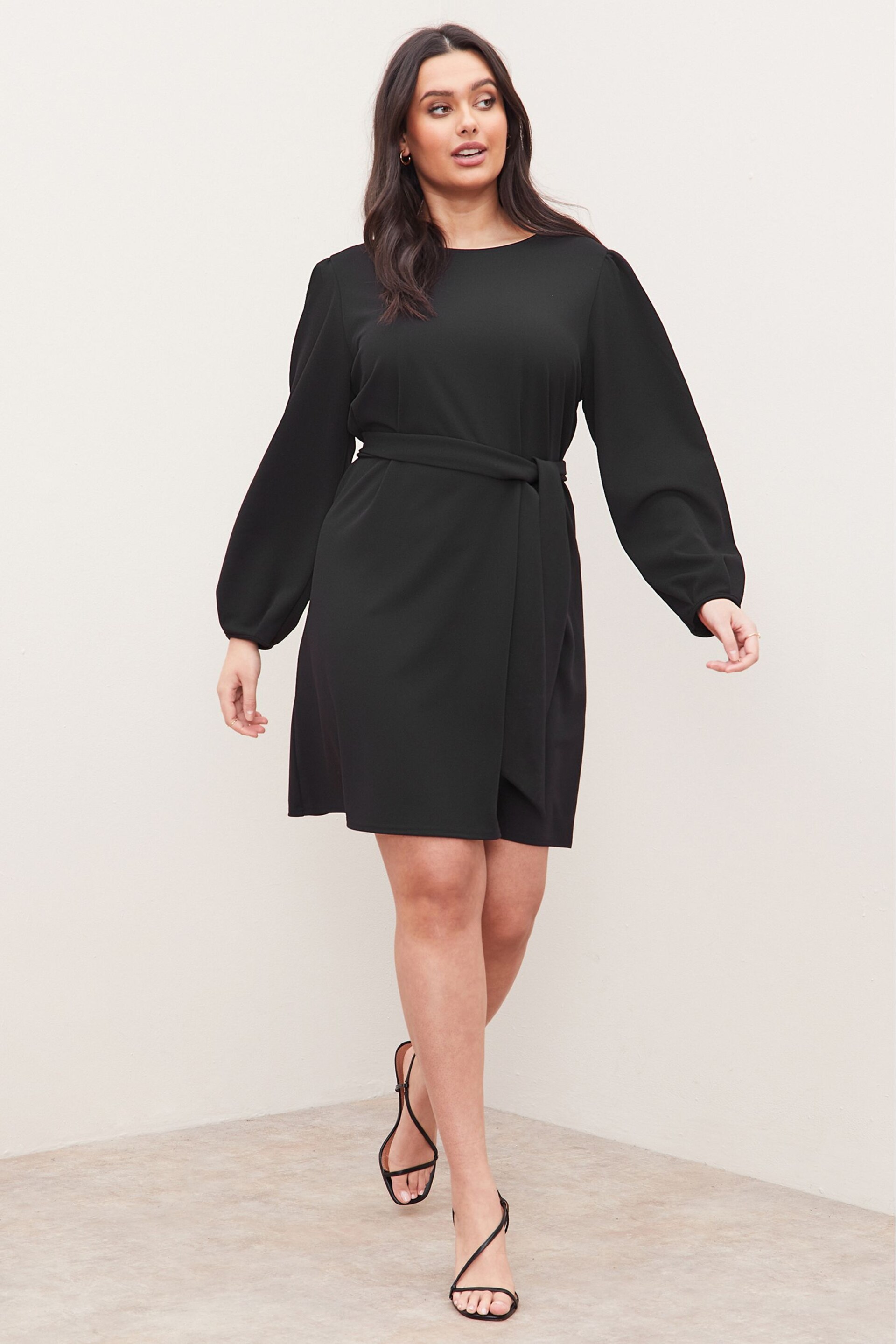 Lipsy Black Curve Long Sleeve Round Neck Tie Waist Shift Dress - Image 4 of 4