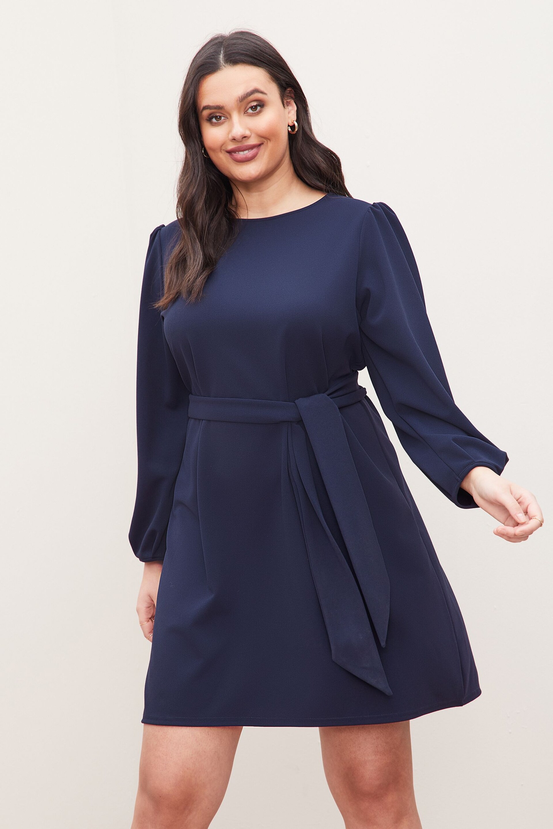 Lipsy Navy Curve Long Sleeve Round Neck Tie Waist Shift Dress - Image 1 of 4