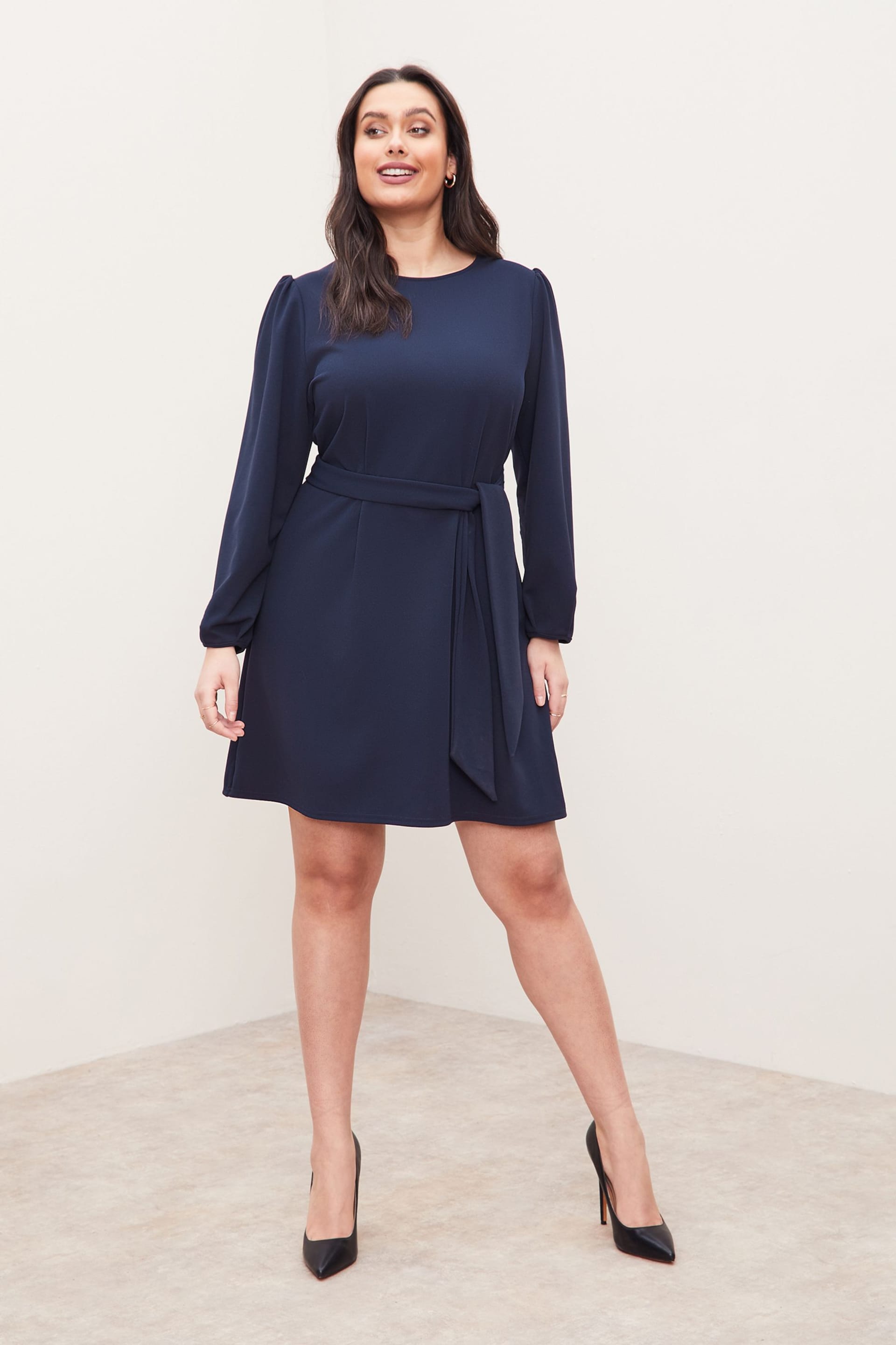 Lipsy Navy Curve Long Sleeve Round Neck Tie Waist Shift Dress - Image 4 of 4