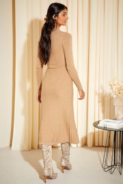 Friends Like These Camel High Neck Knitted Pleated Long Sleeve Midi Dress - Image 4 of 4