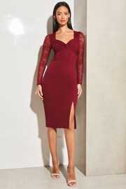 Lipsy Red Knotted Sweetheart Neck Lace Long Sleeve Corset Dress - Image 3 of 4