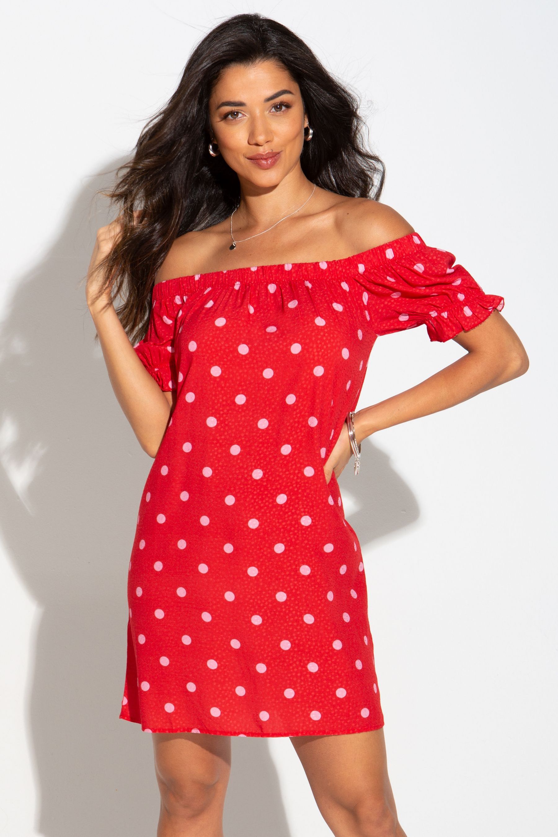 Buy Pour Moi Red Polka Dot Spot Textured Woven Bardot Puff Sleeve Beach Dress from Next Ireland