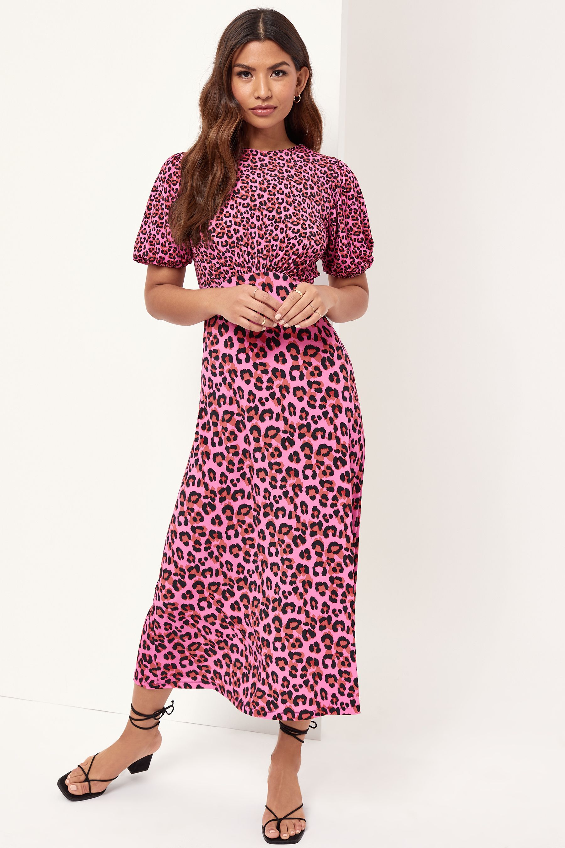 Buy Lipsy Pink Leopard Regular Short Sleeve Underbust Midi Dress from Next Luxembourg