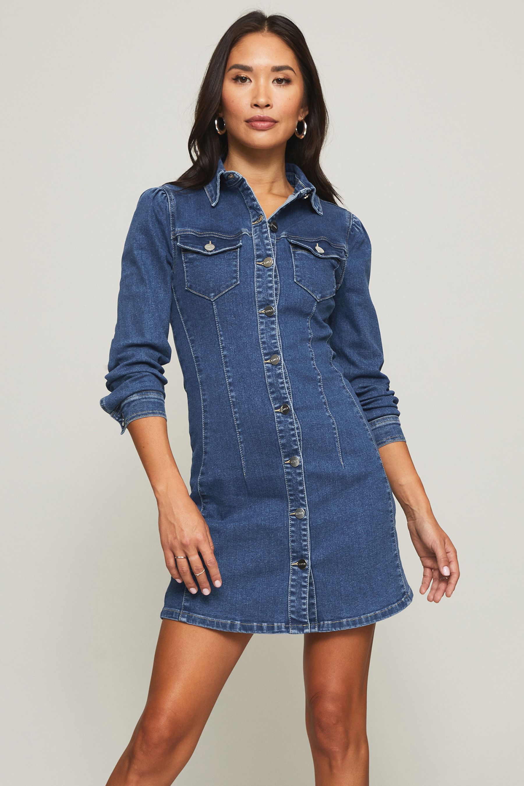Buy Lipsy Blue Petite Puff Sleeve Seamed Denim Dress from Next Luxembourg