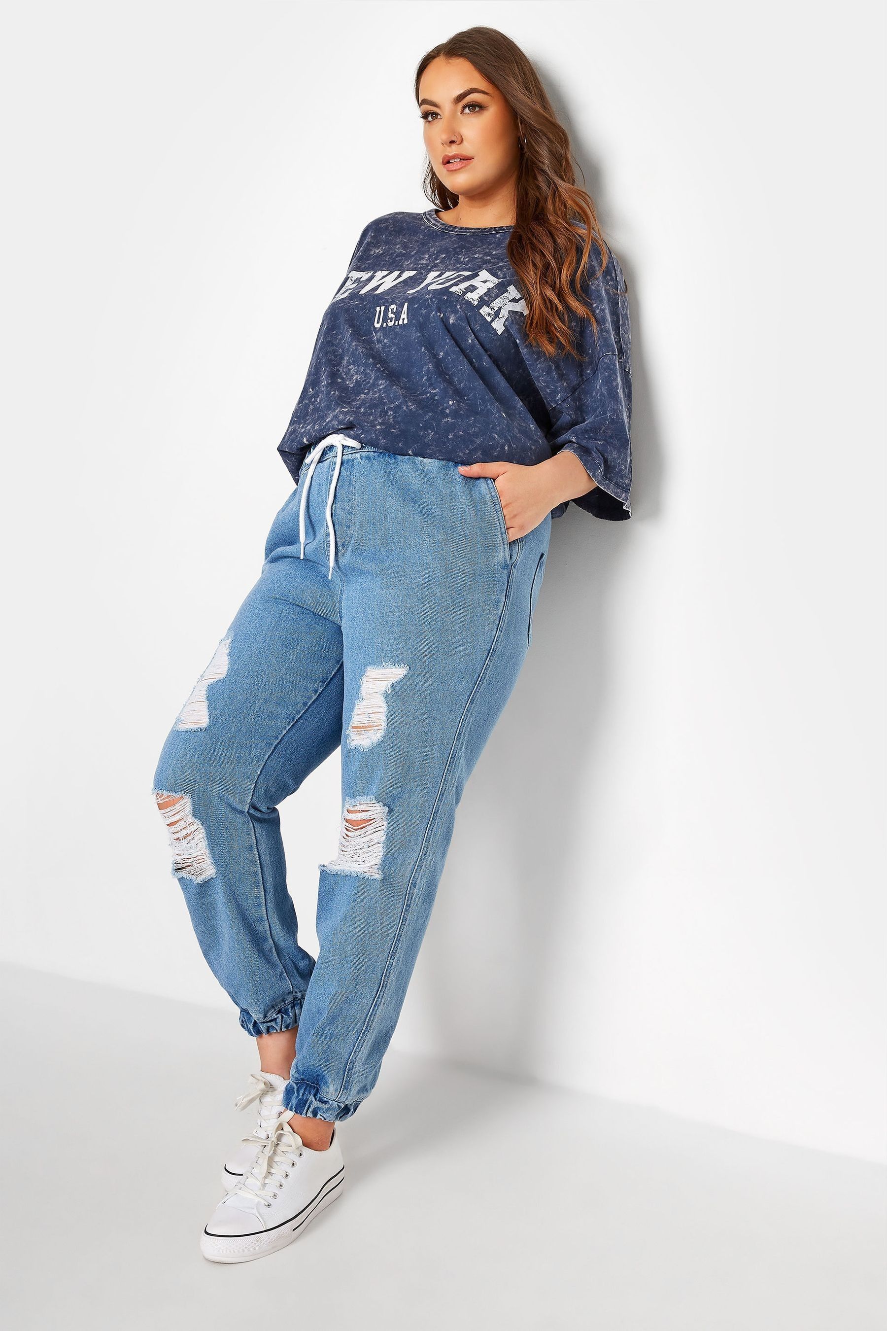 Buy Yours Curve Mid Blue Ripped Jogger Jean from Next Luxembourg