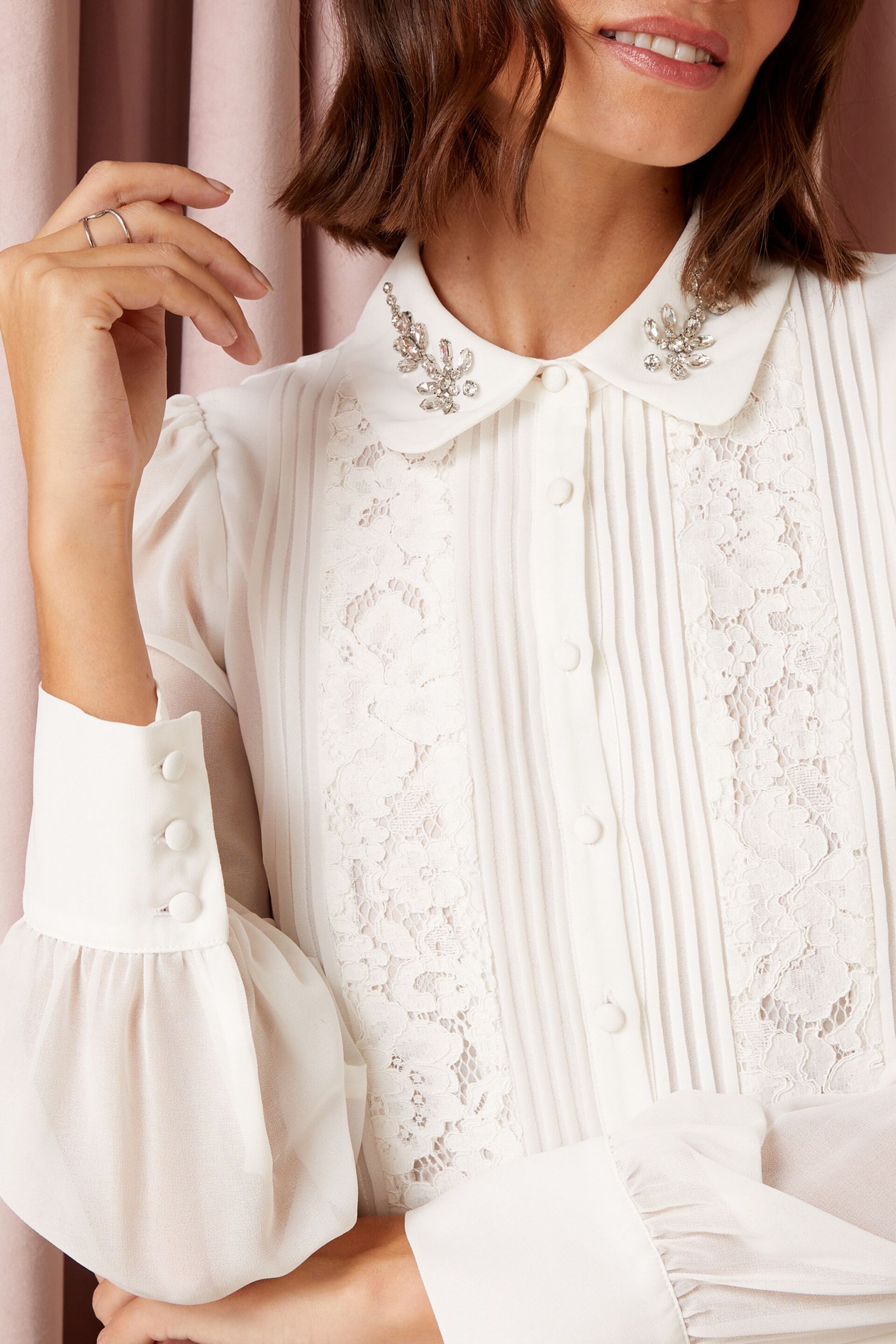 Love & Roses Ivory White White Petite Embellished Collar Lace Trim Shirt - Image 2 of 4
