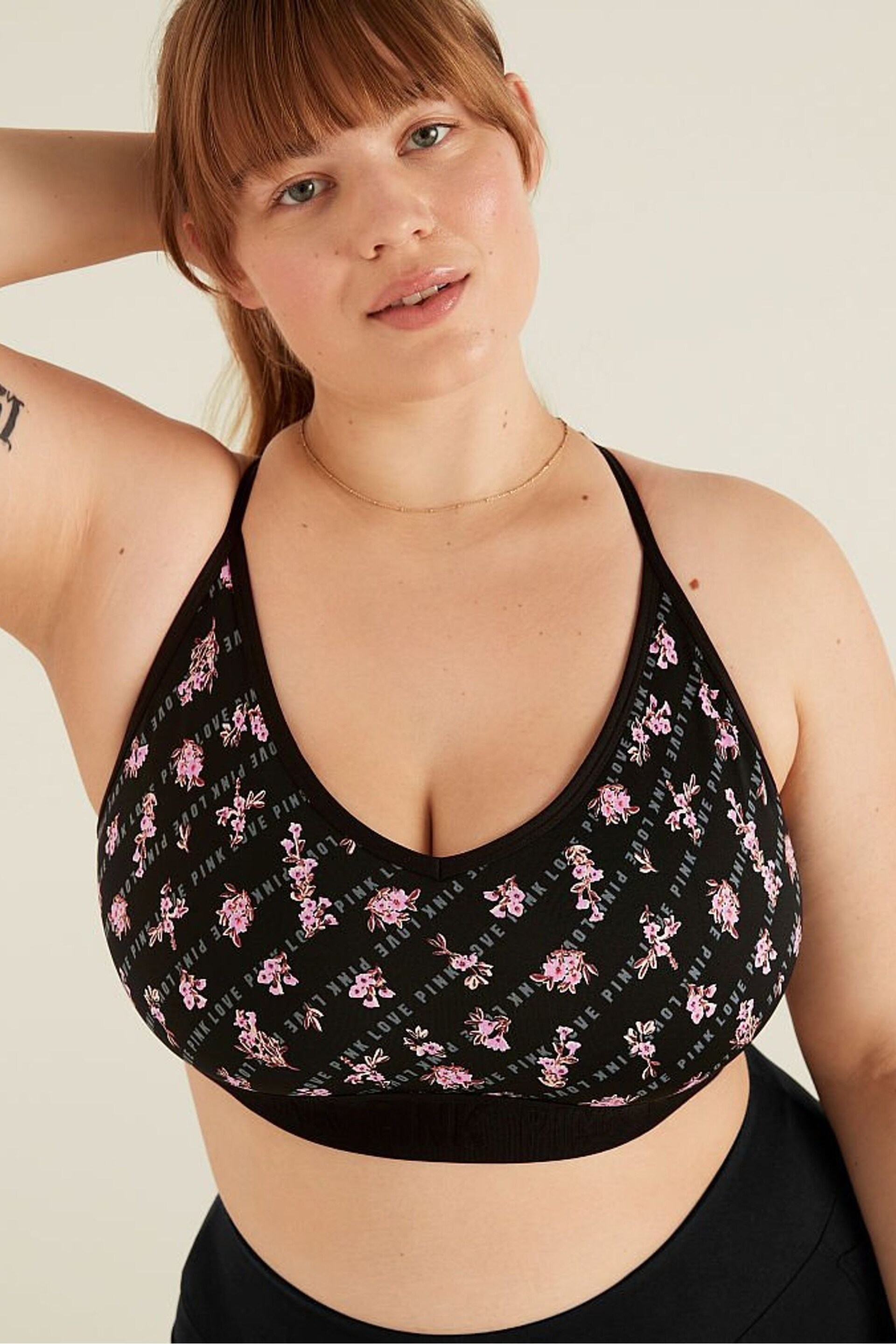 Victoria's Secret PINK Pure Black Logo Floral Lightly Lined Low Impact Sports Bra - Image 3 of 4