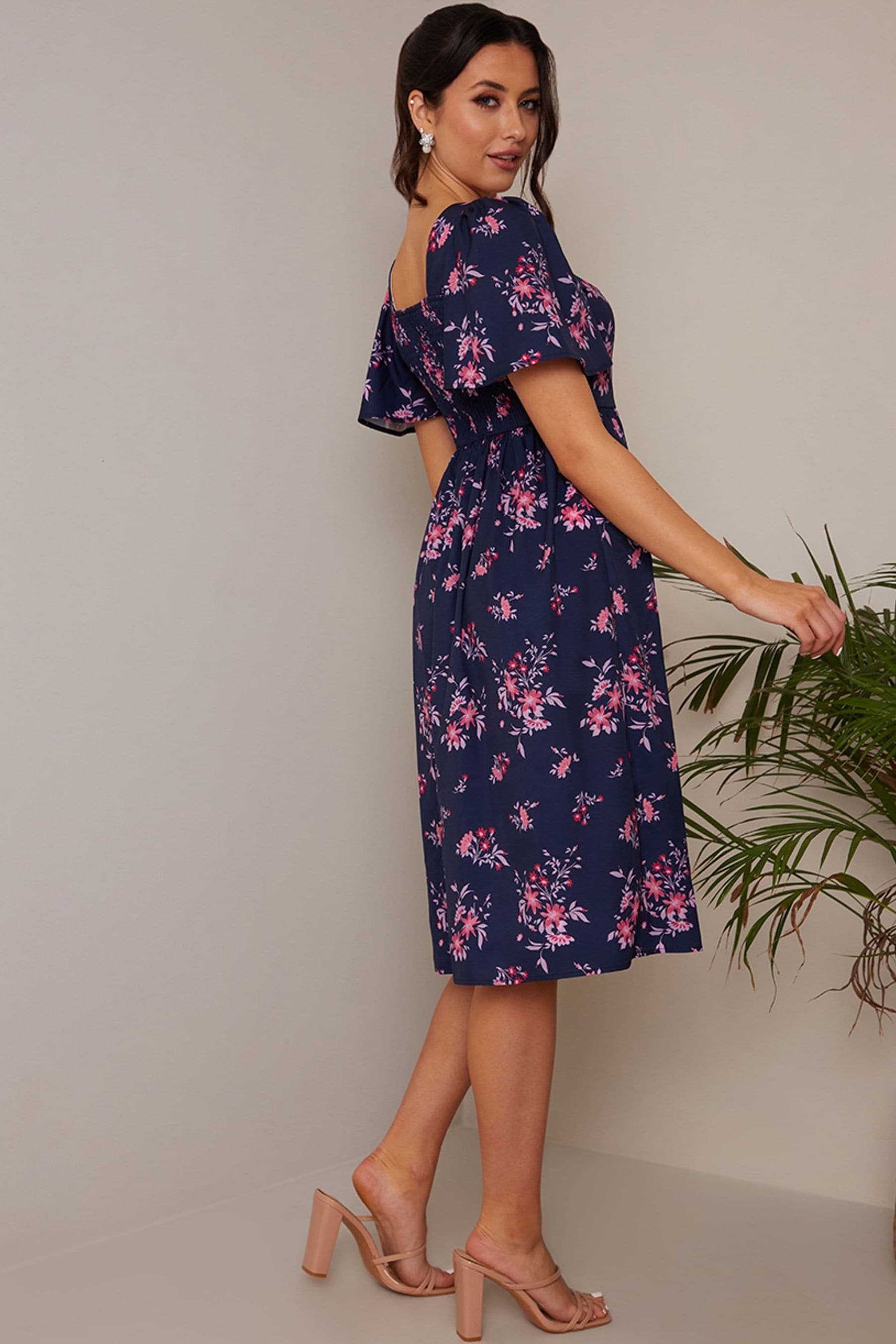Buy Chi Chi London Navy Blue Pink Petite Square Neck Ditsy Floral Midi Dress from Next Luxembourg