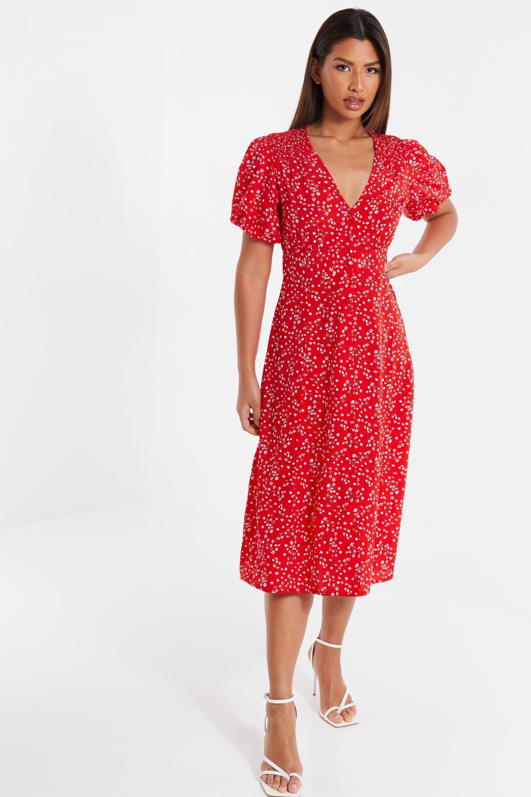 Red ditsy midi dress hotsell