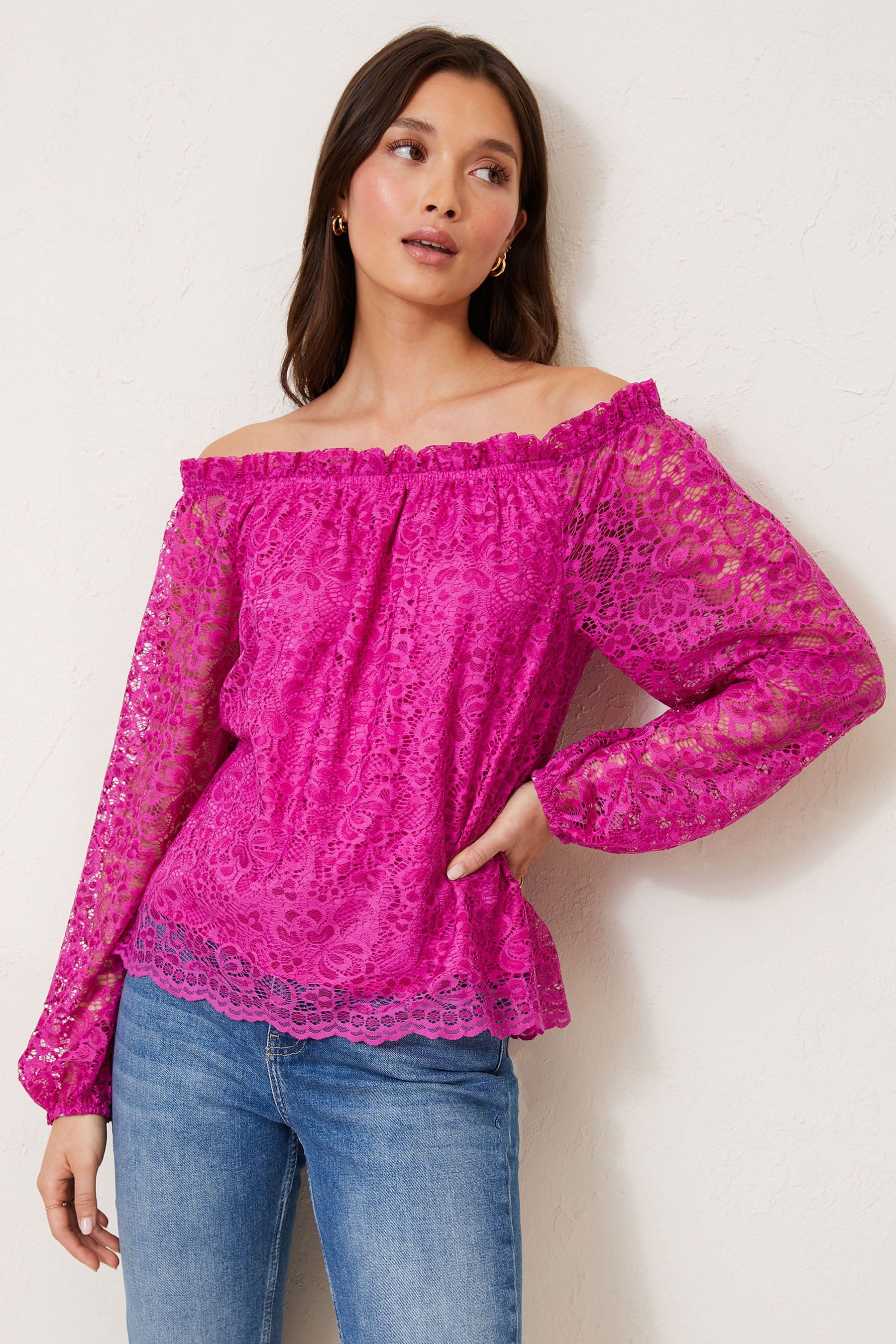 Buy Lipsy Pink Lace Long Sleeve Bardot Blouse from Next Austria