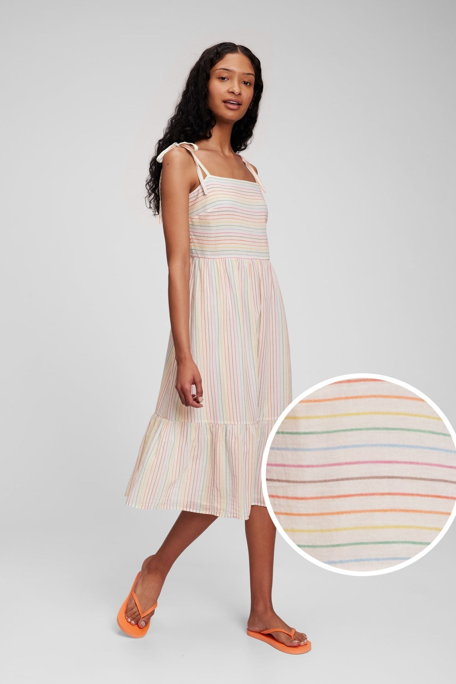Buy Gap Rainbow Stripe Crinkle Gauze Tie Shoulder Tiered Midi Dress from Next Luxembourg
