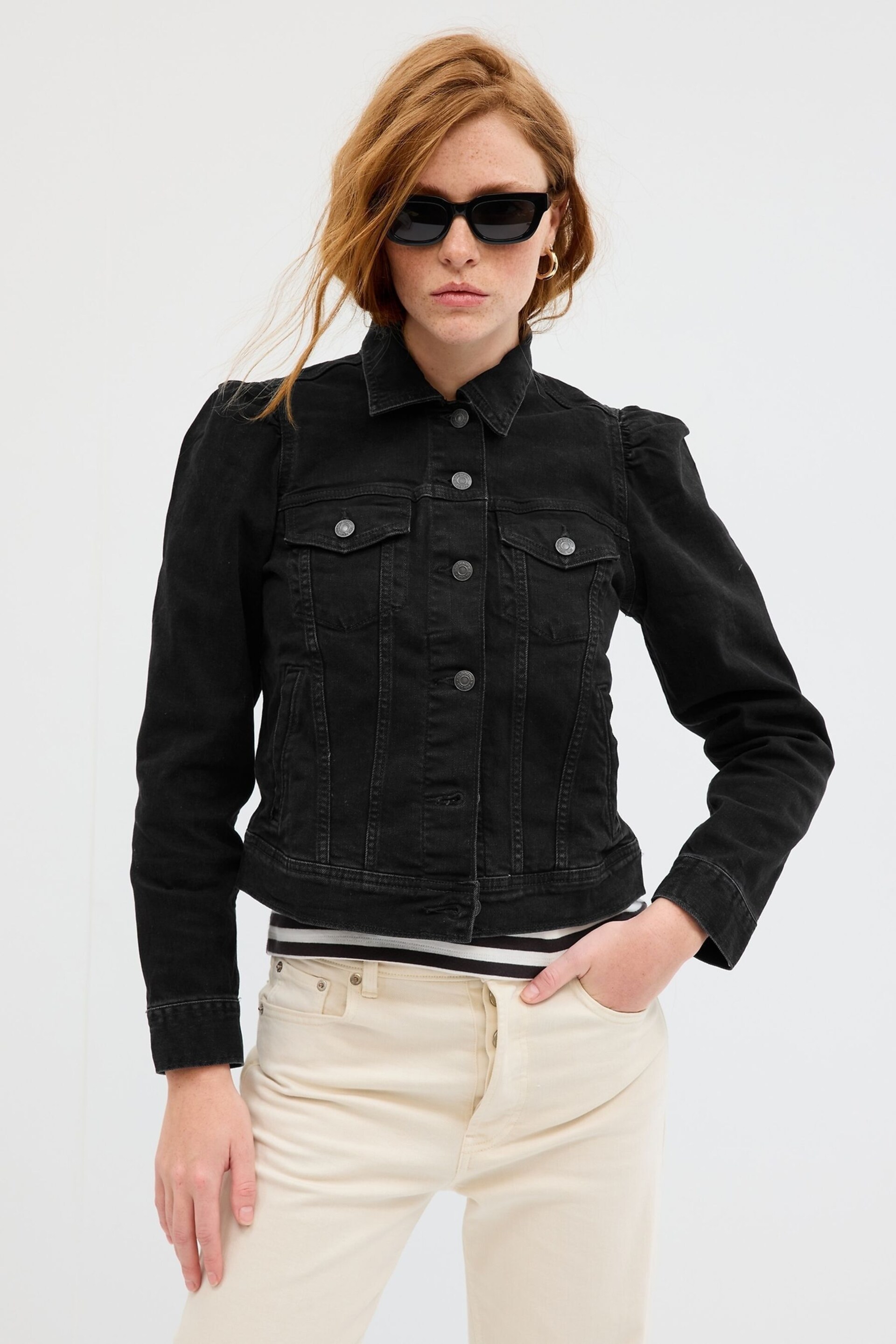 Gap Black Puff Sleeve Denim Jacket - Image 1 of 5