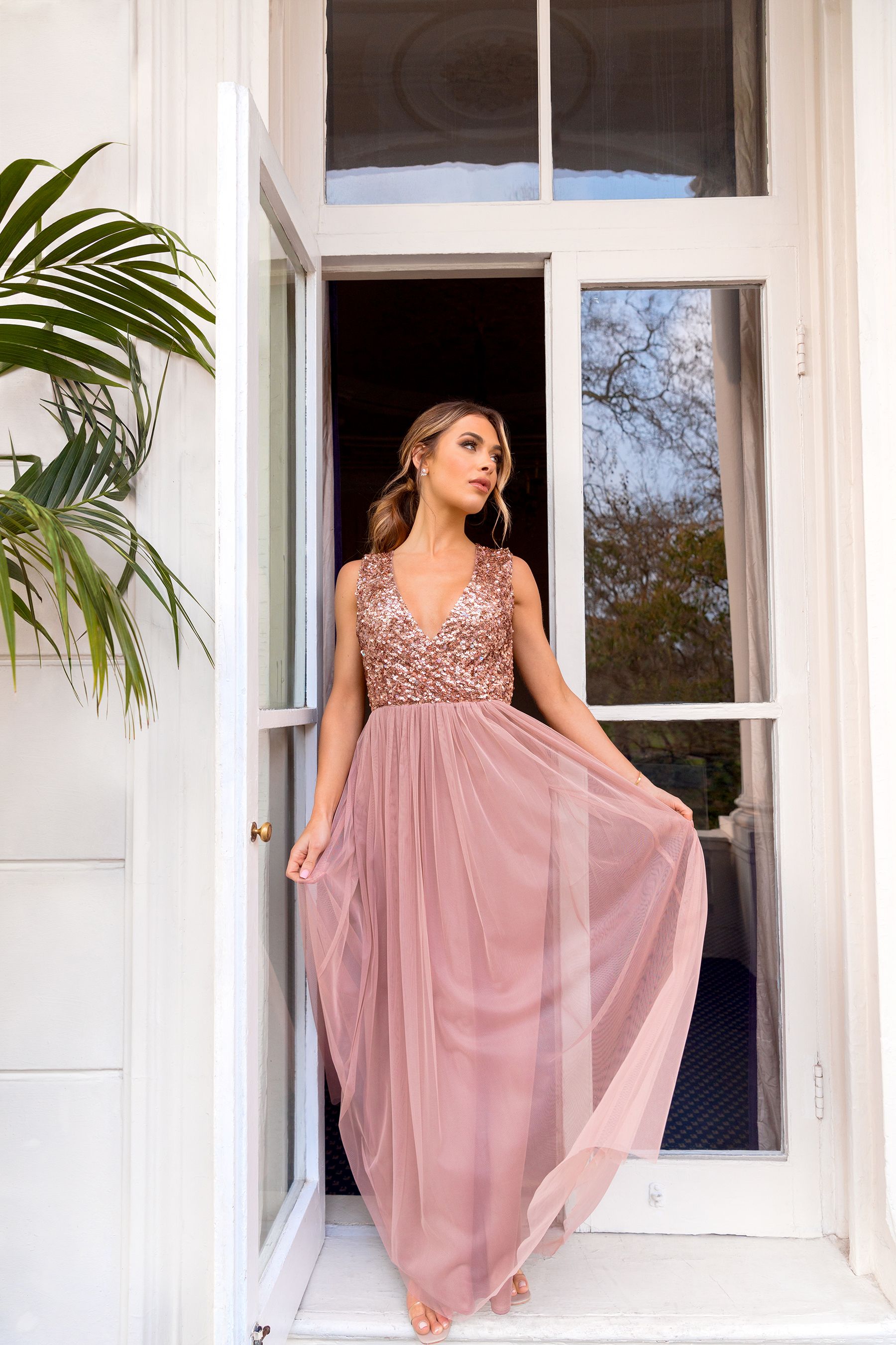 Buy Sistaglam Rose Gold Petite V Neck Maxi Dress With Sequin Top from Next Luxembourg