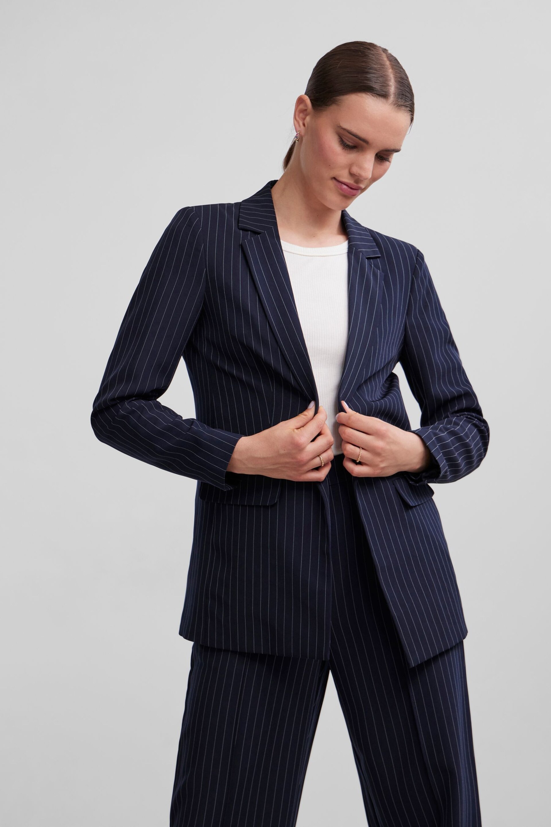 PIECES Blue Pinstripe Relaxed Fit Stretch Blazer - Image 1 of 5