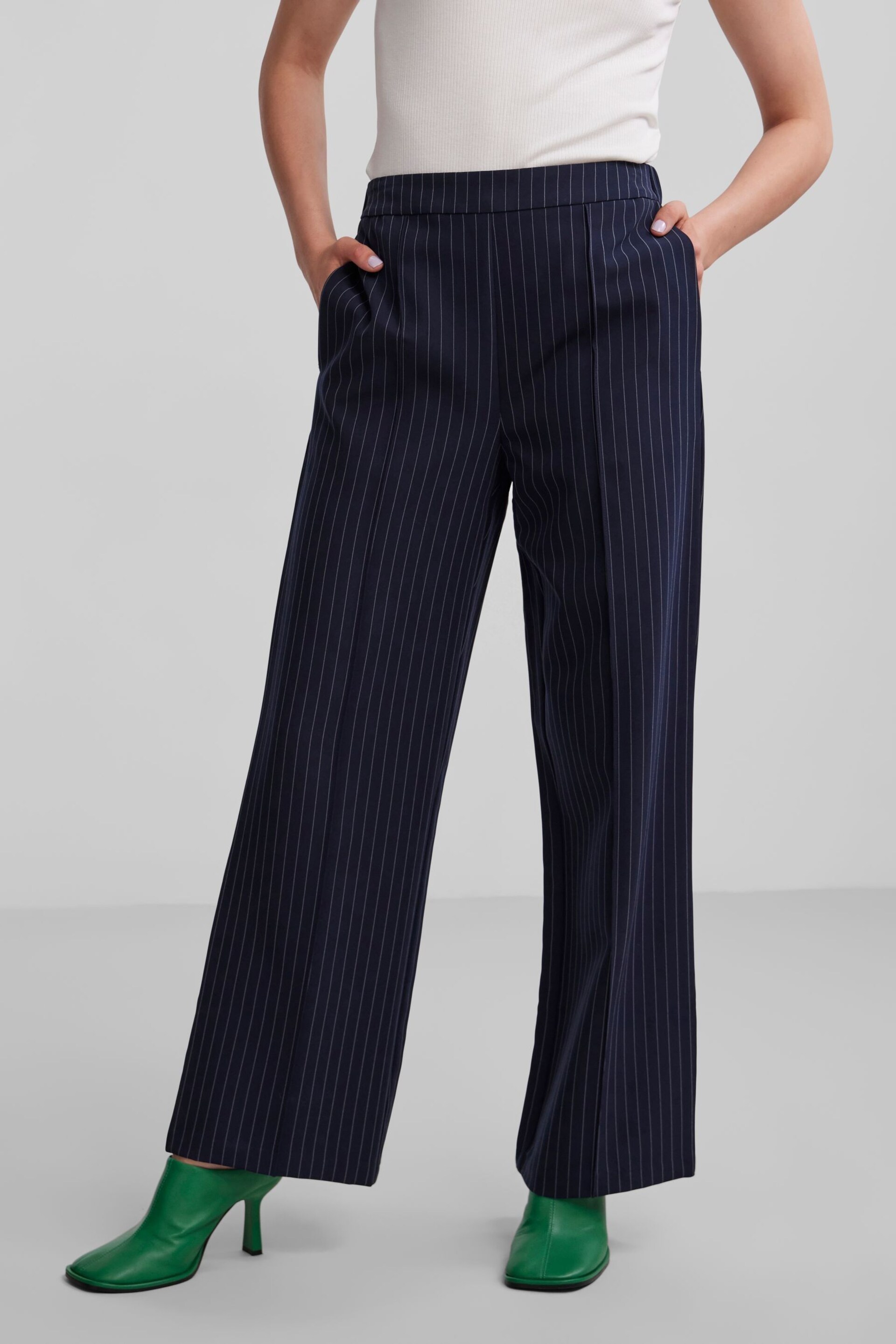 PIECES Blue Pinstripe Wide Leg Stretch Tailored Trousers - Image 1 of 5