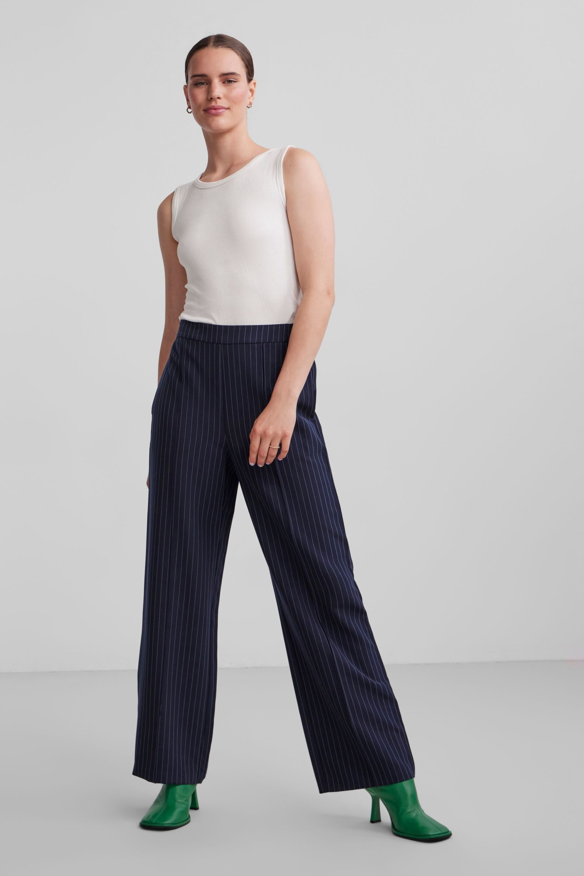 PIECES Blue Pinstripe Wide Leg Stretch Tailored Trousers - Image 2 of 5