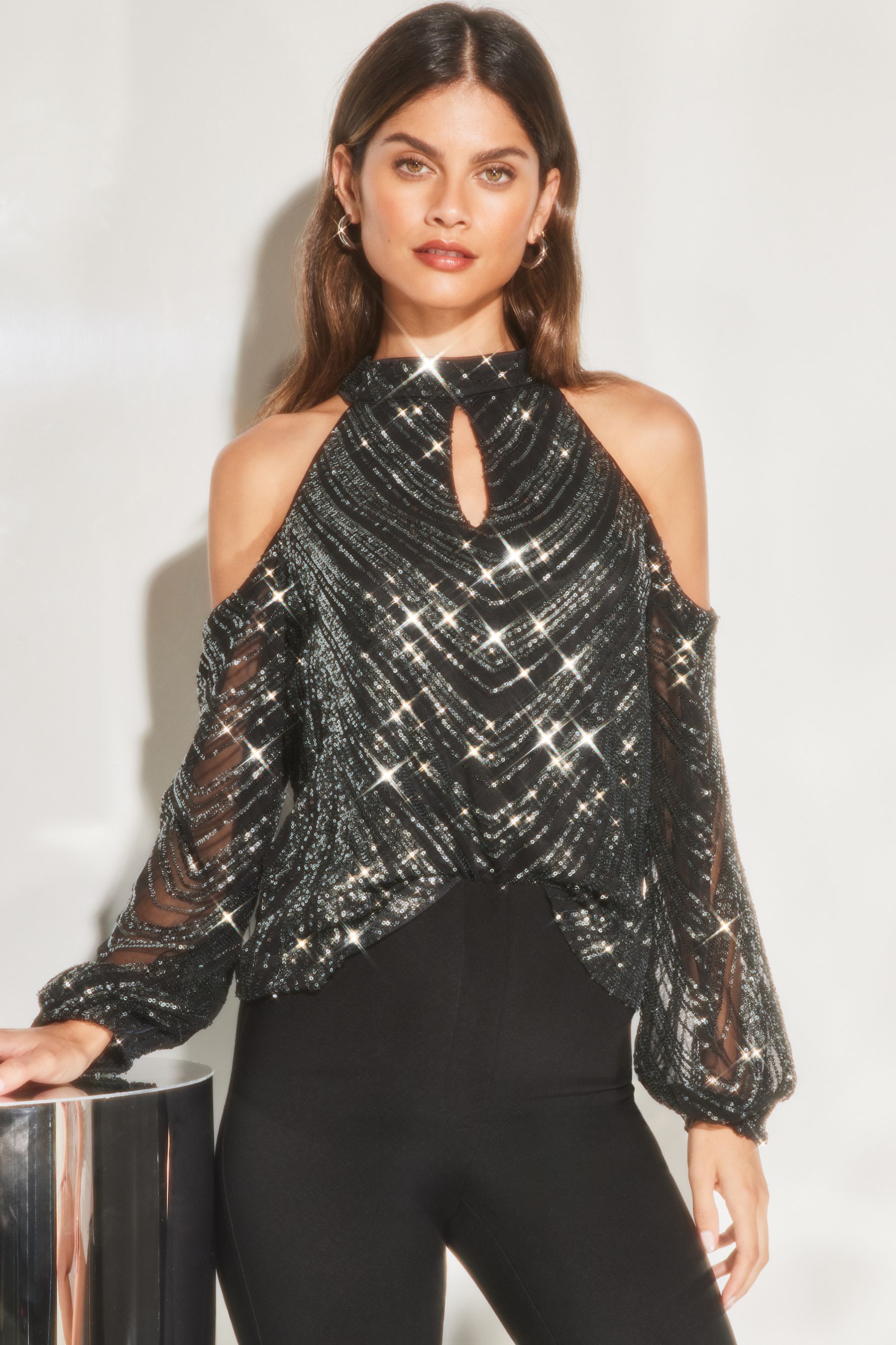 Buy Lipsy Black silver sequin Cold Shoulder Long Sleeve Top from Next Luxembourg