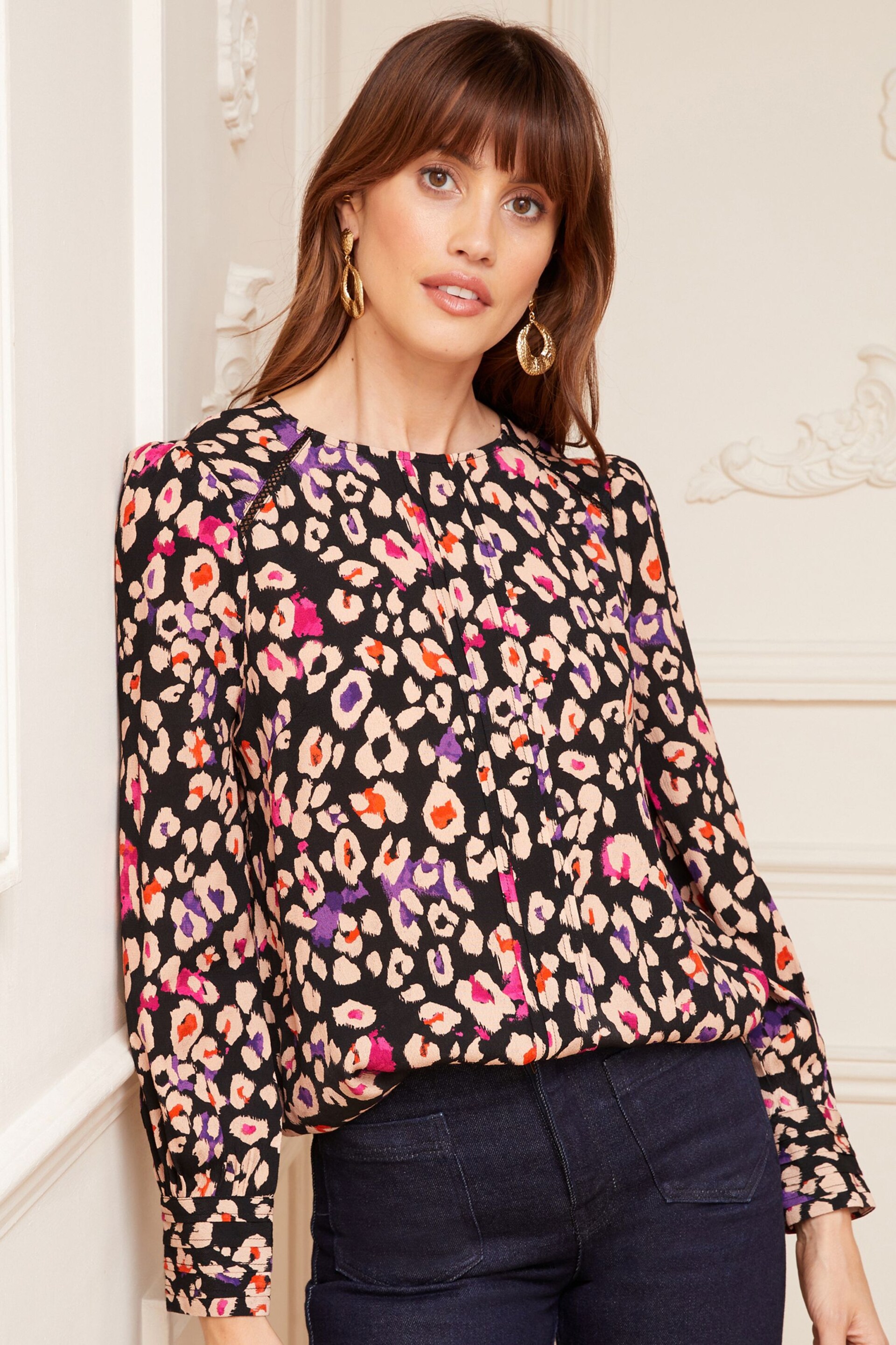 Love & Roses Black Animal Long Sleeve Blouse With Central Pintuck Details - Image 1 of 4