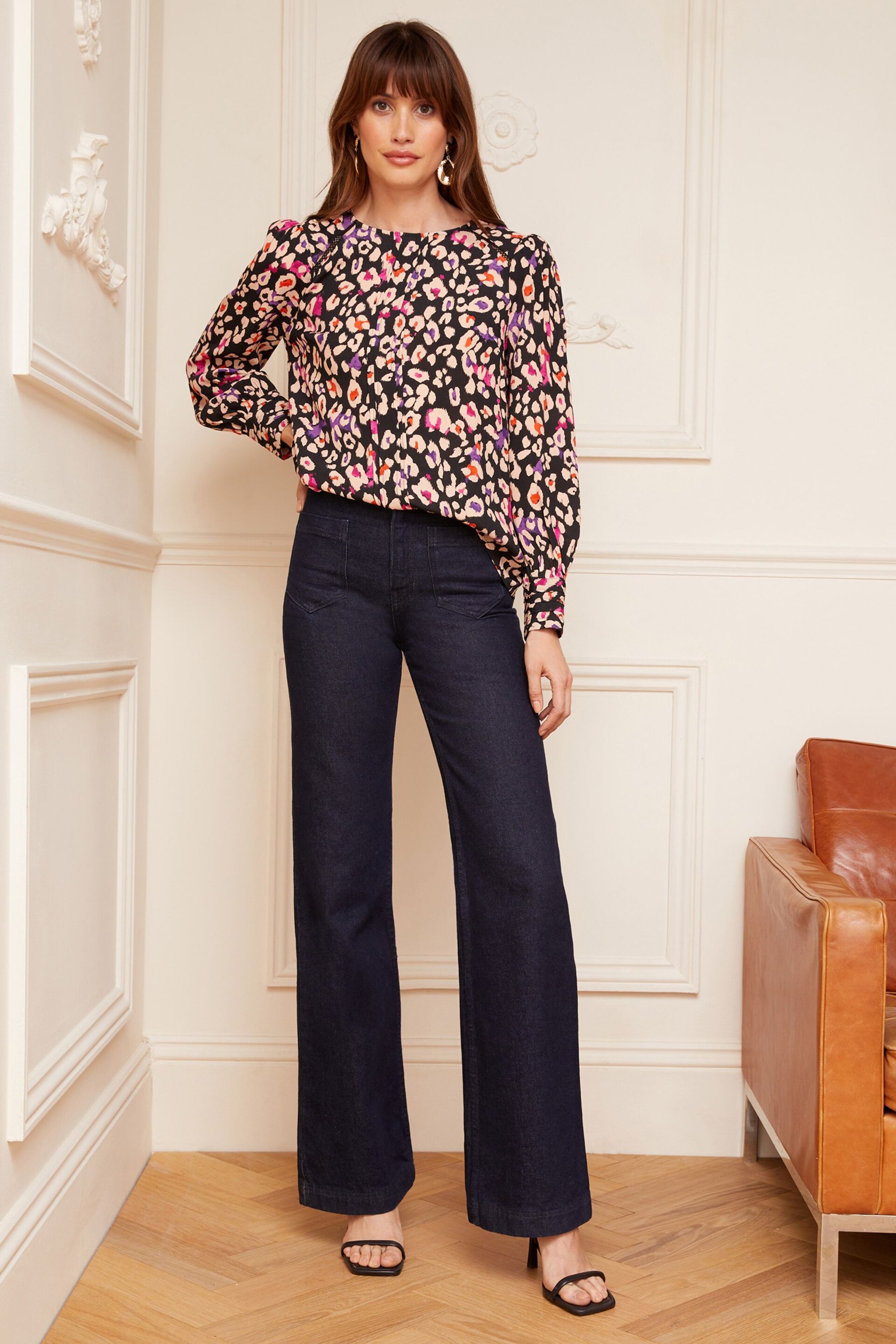 Love & Roses Black Animal Long Sleeve Blouse With Central Pintuck Details - Image 3 of 4