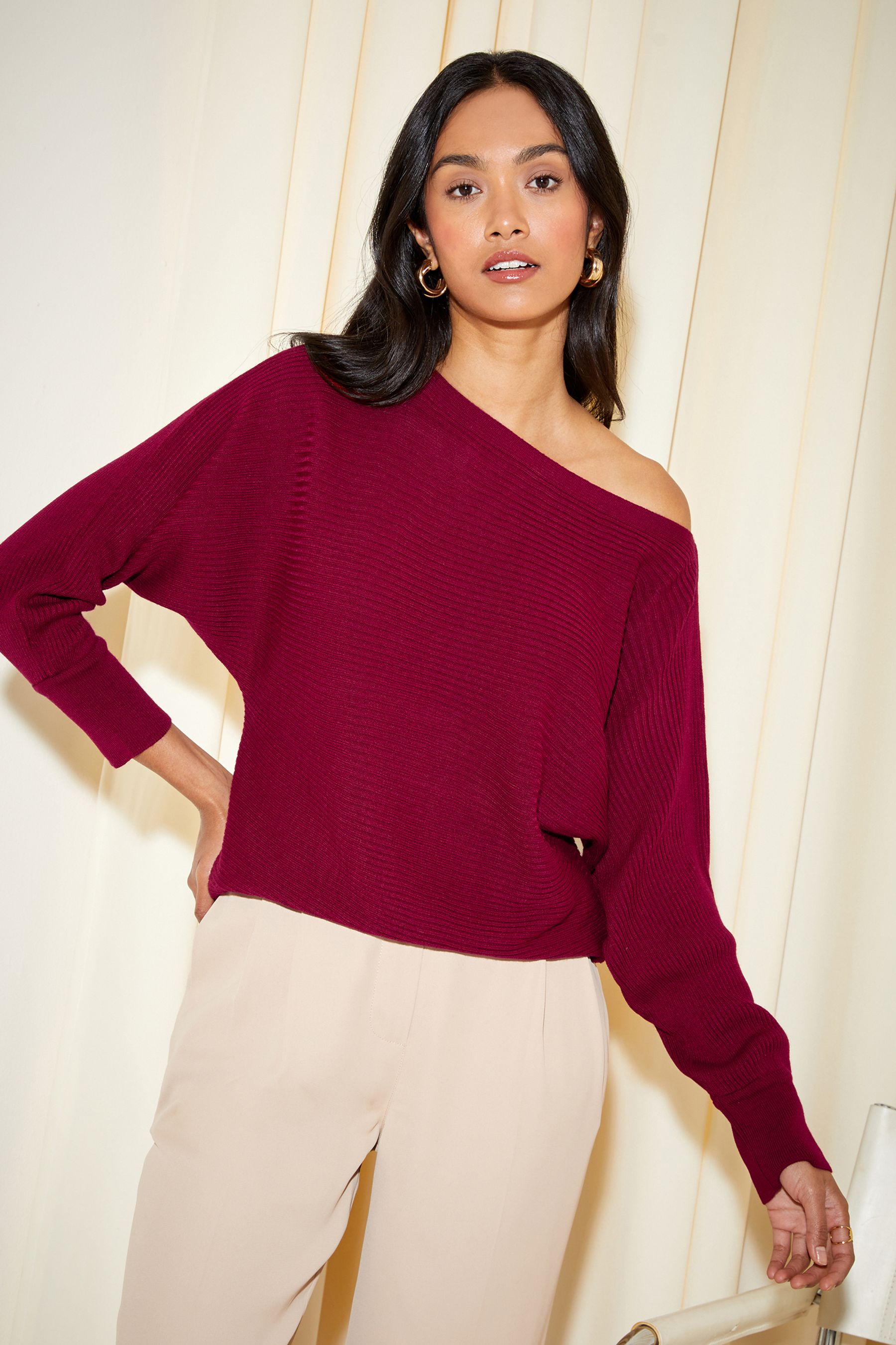 Buy Friends Like These Berry Red Batwing Knitted Off The Shoulder Jumper from Next Luxembourg