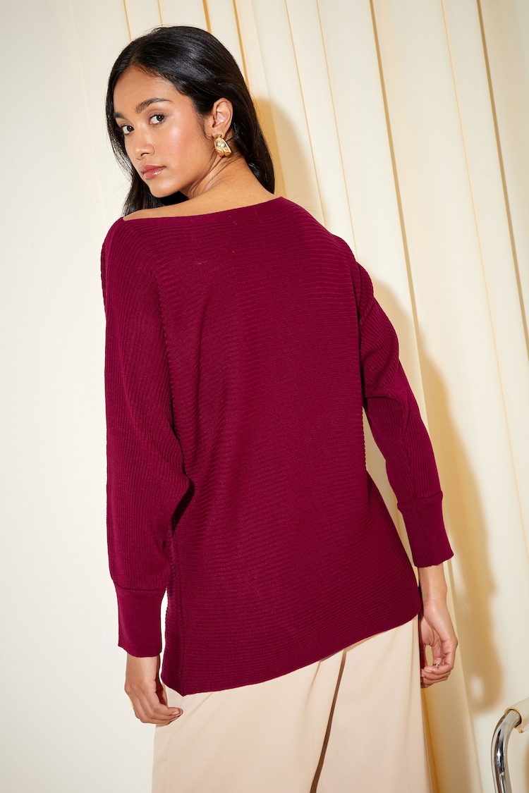 Friends Like These Berry Red Batwing Knitted Off The Shoulder Jumper - Image 2 of 4